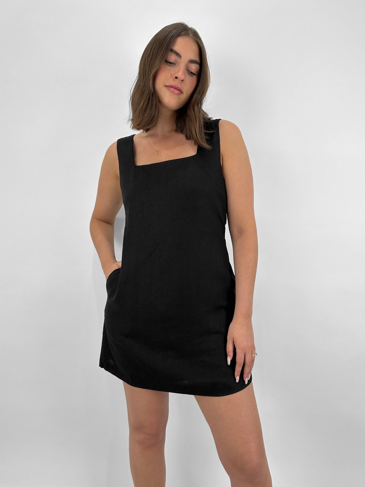 Square Neck Linen Mini Dress