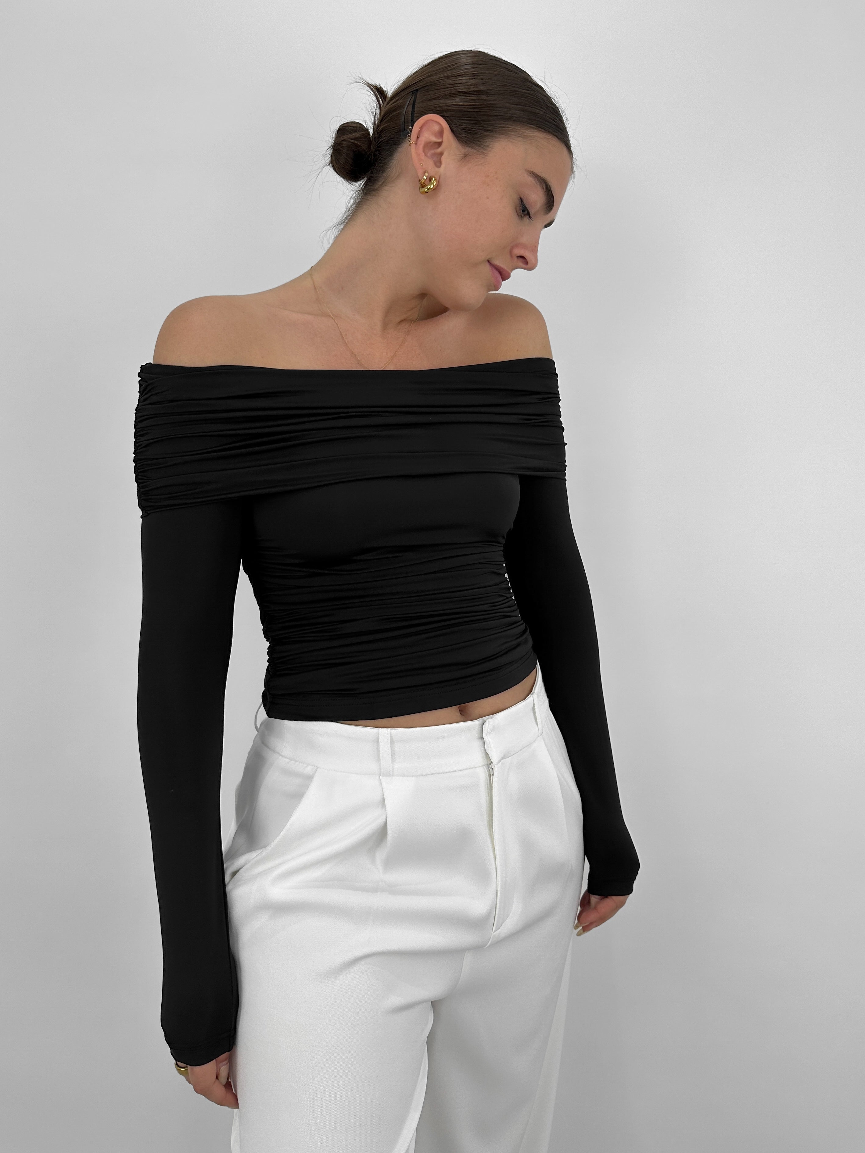 Off The Shoulder Long Sleeve Ruched Top