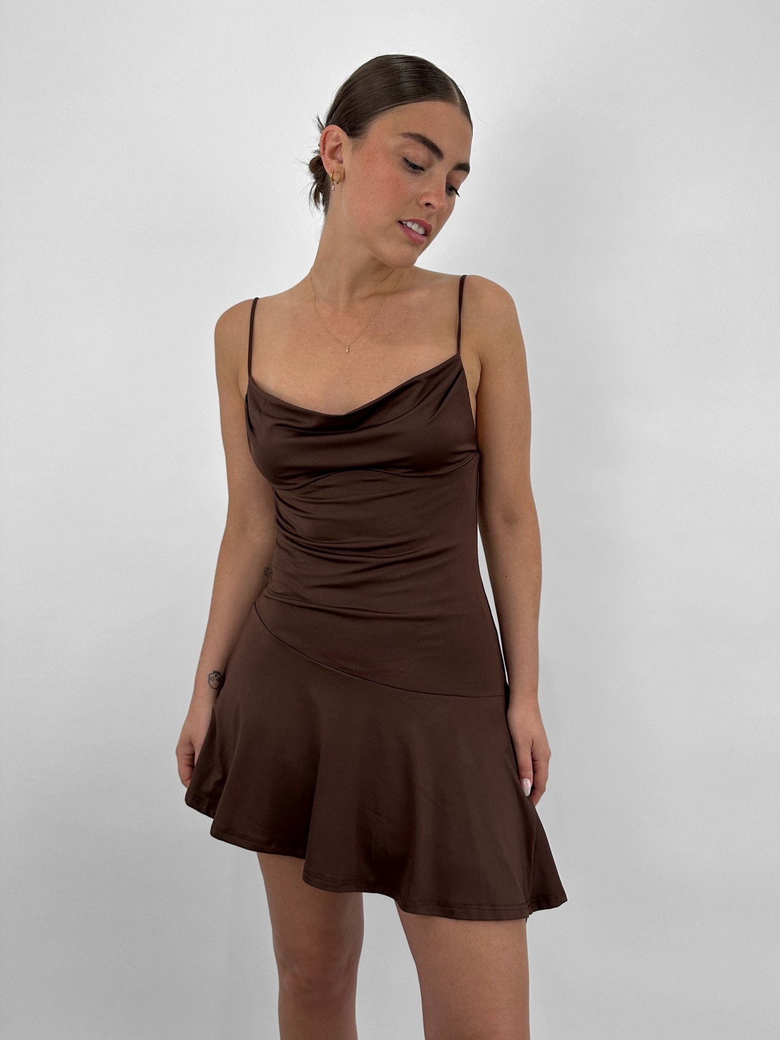 Asymmetrical Cowl Neck Mini Dress - Vamp Official