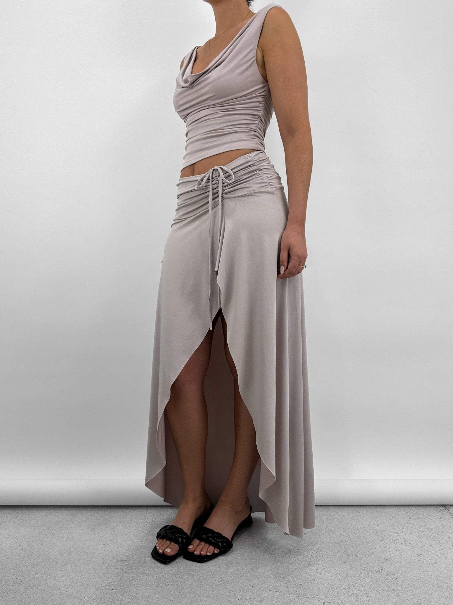 Asymmetrical Ruched Midi Skirt - Vamp Official