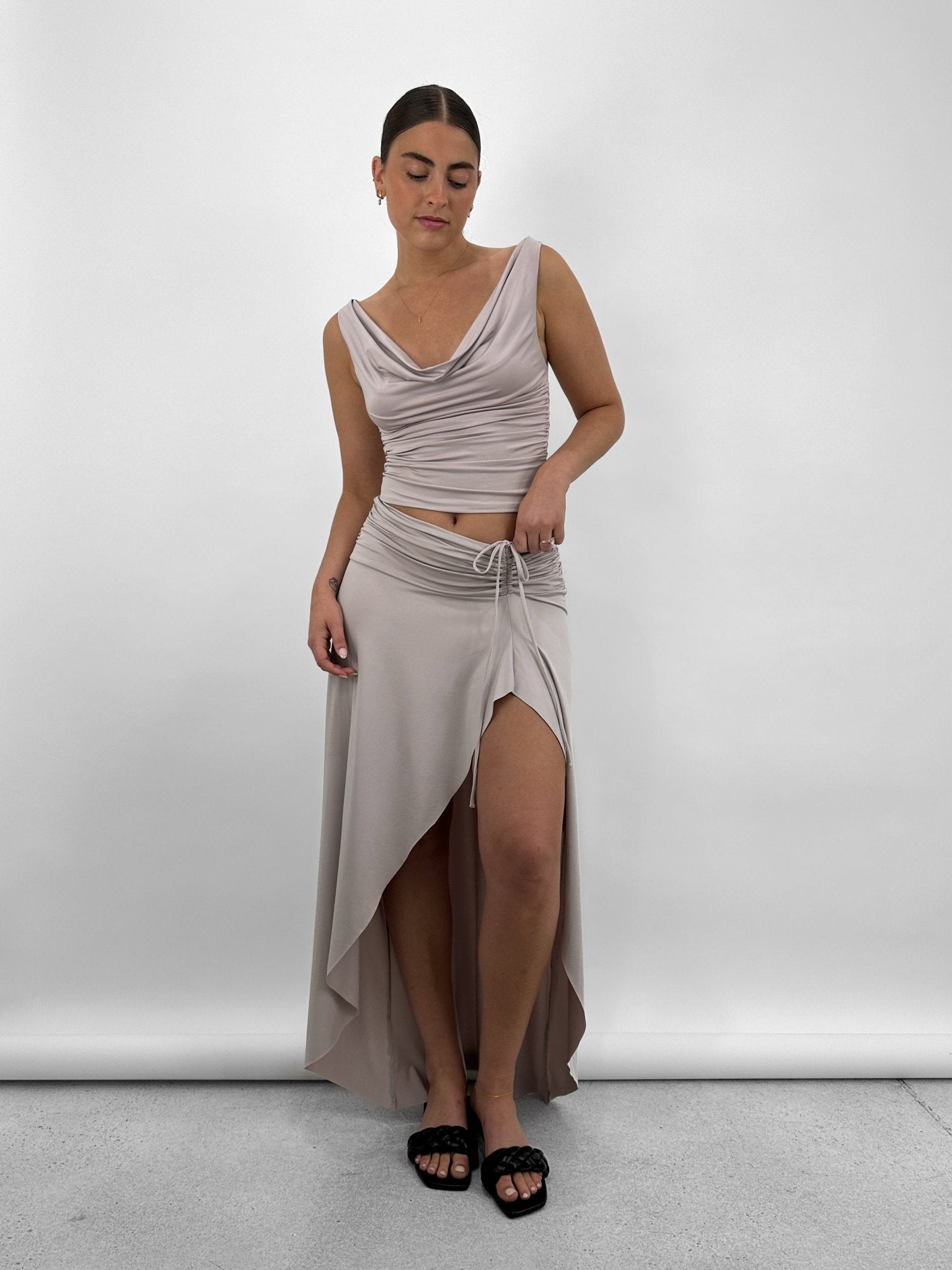 Asymmetrical Ruched Midi Skirt - Vamp Official