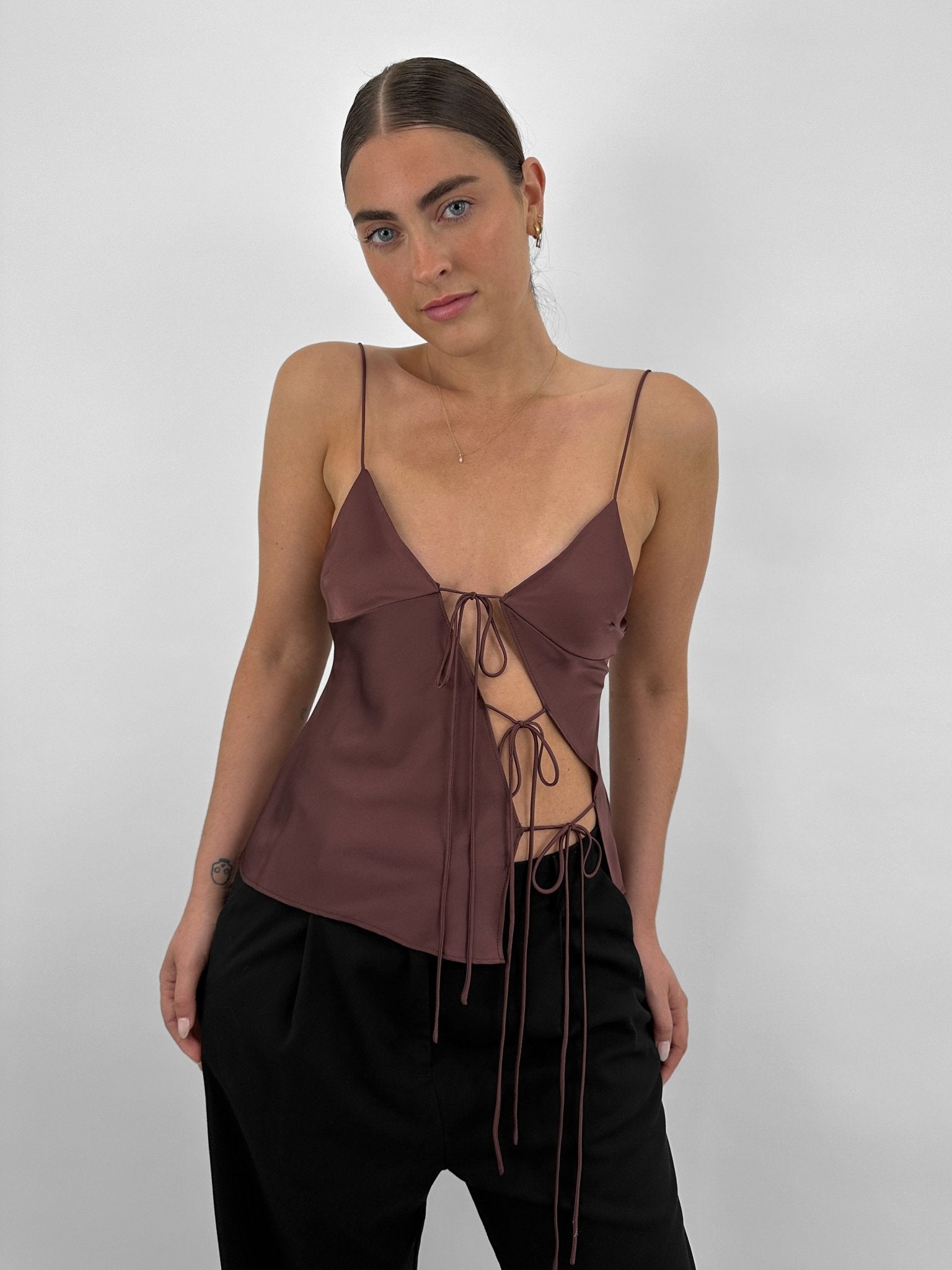 Asymmetrical Tie Cut Out Satin Tank - Vamp Official