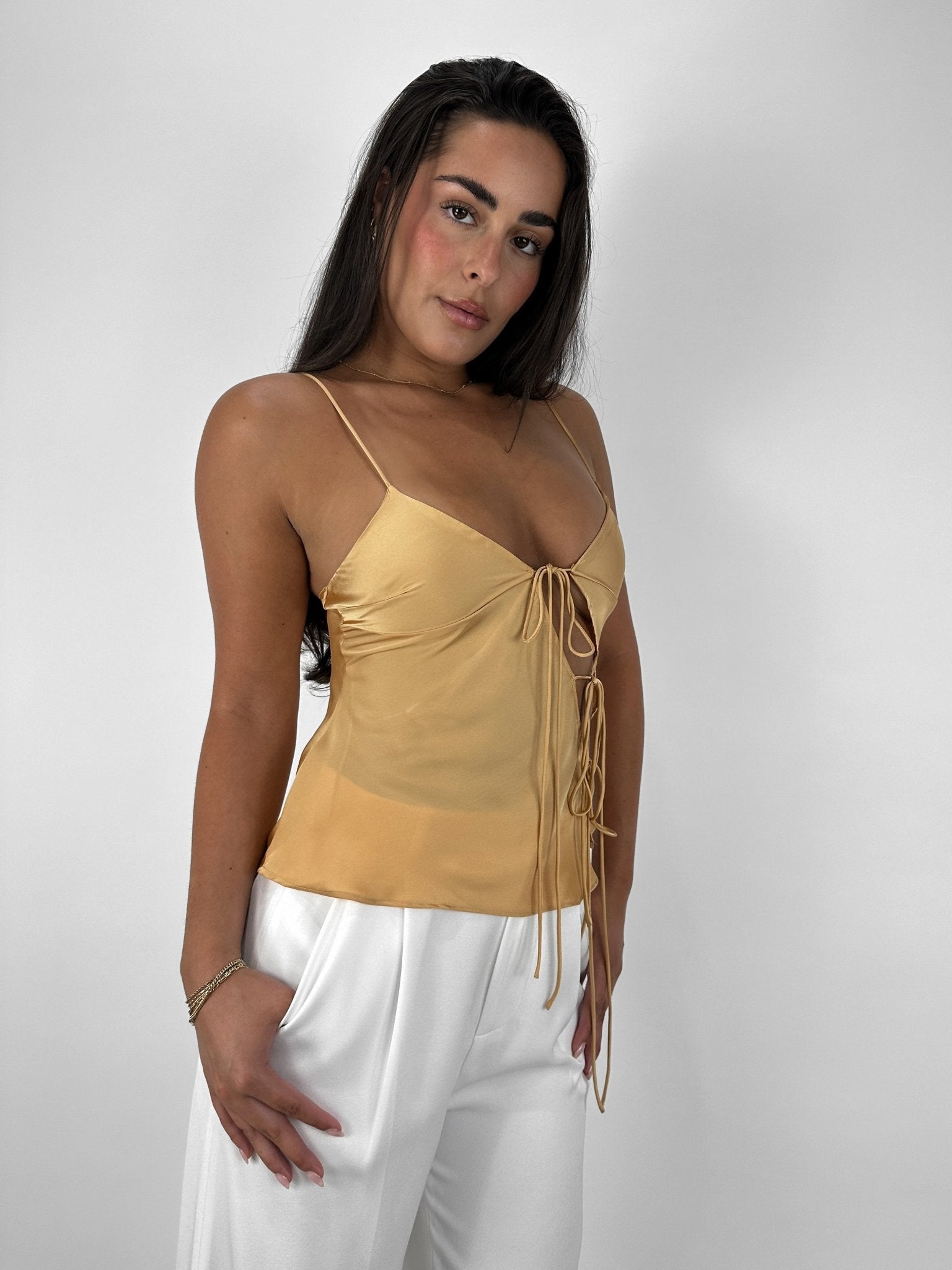 Asymmetrical Tie Cut Out Satin Tank - Vamp Official