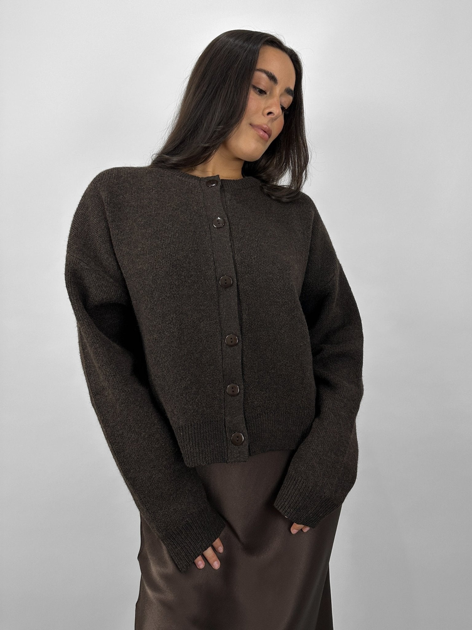 Boxy Crewneck Knit Cardigan - Vamp Official