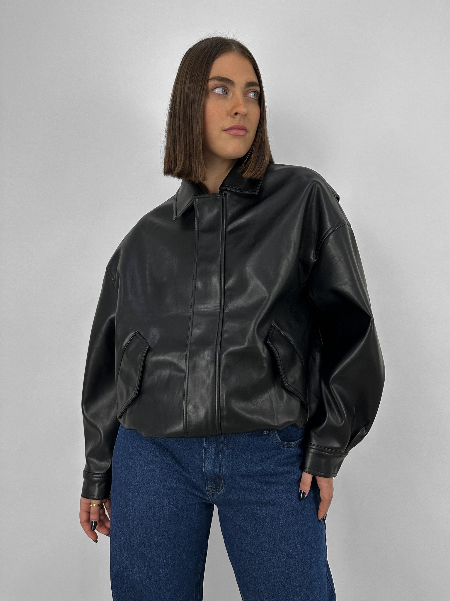 Collared Leather Bomber Jacket - Vamp Official