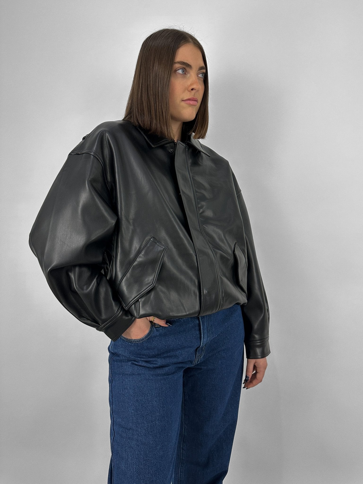 Collared Leather Bomber Jacket - Vamp Official