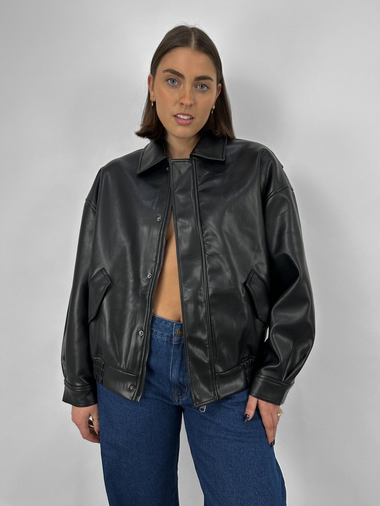 Collared Leather Bomber Jacket - Vamp Official