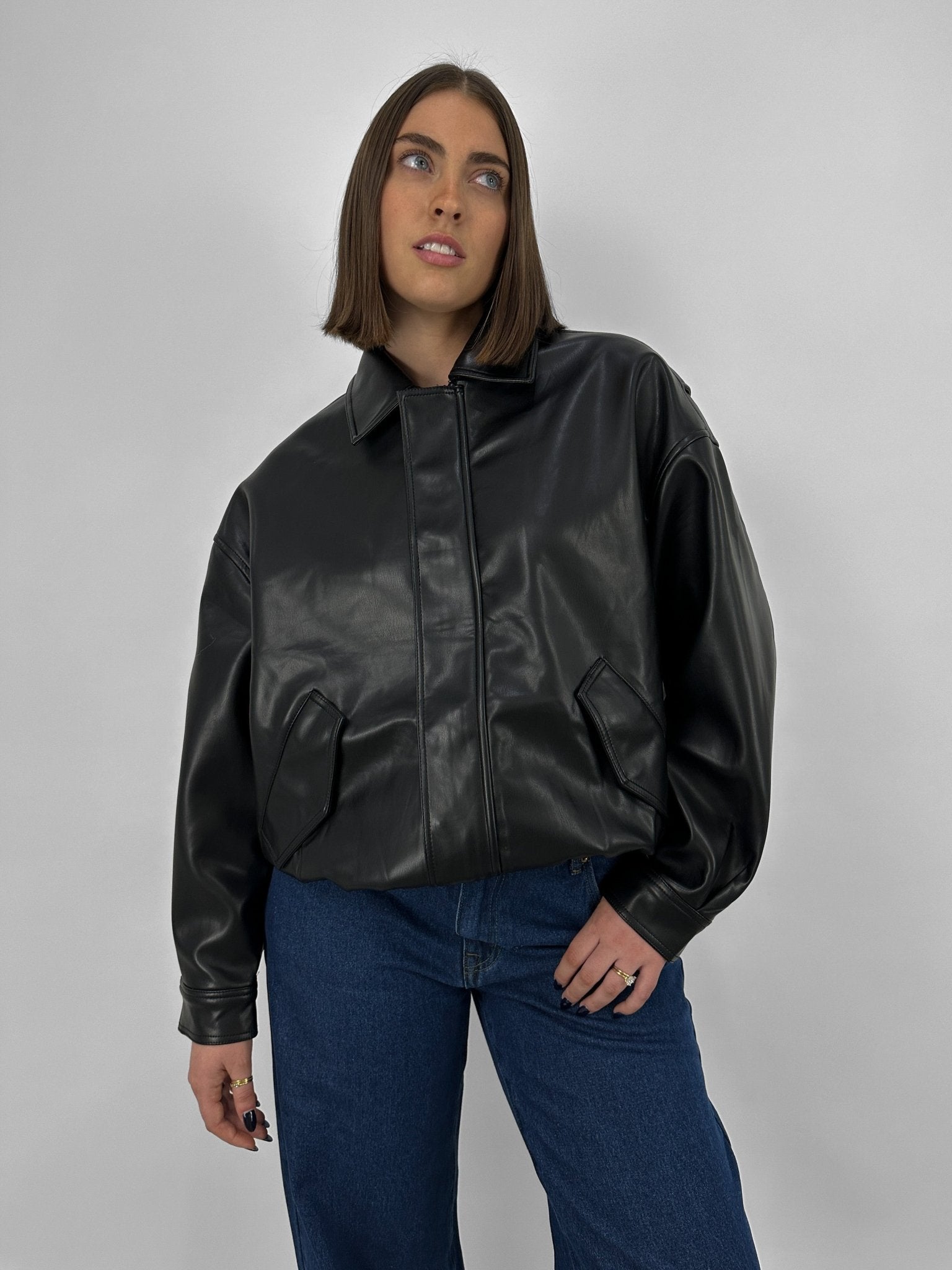 Collared Leather Bomber Jacket - Vamp Official