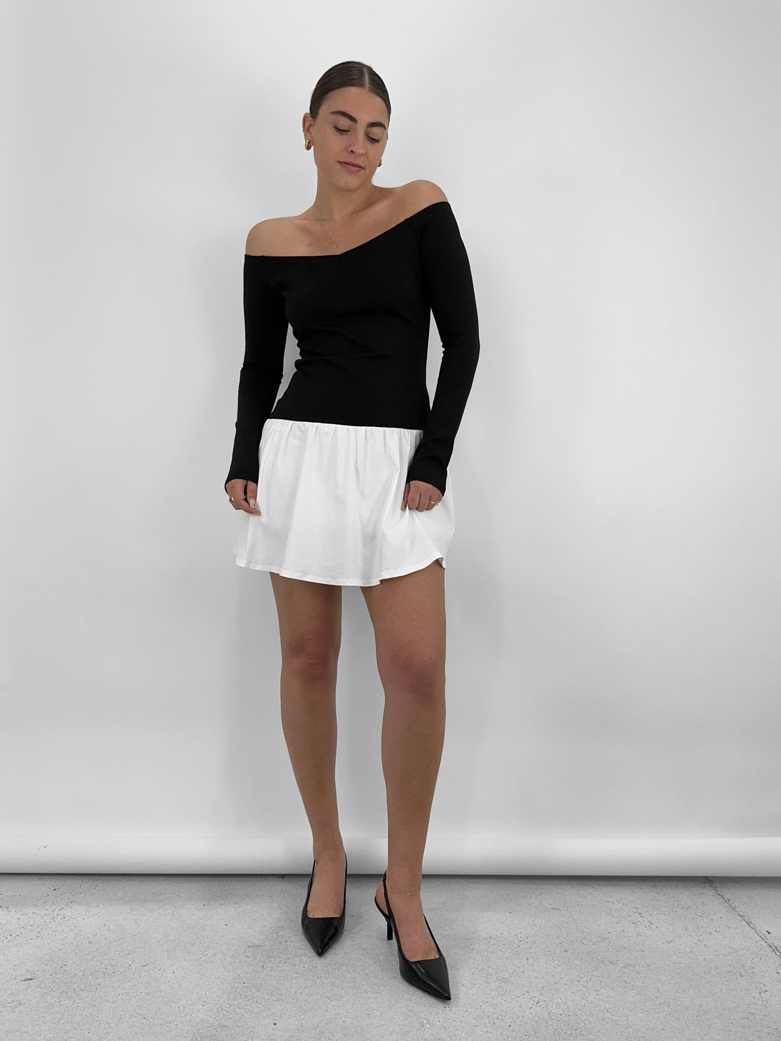 Contrast Drop Waist Off The Shoulder Dress - Vamp Official