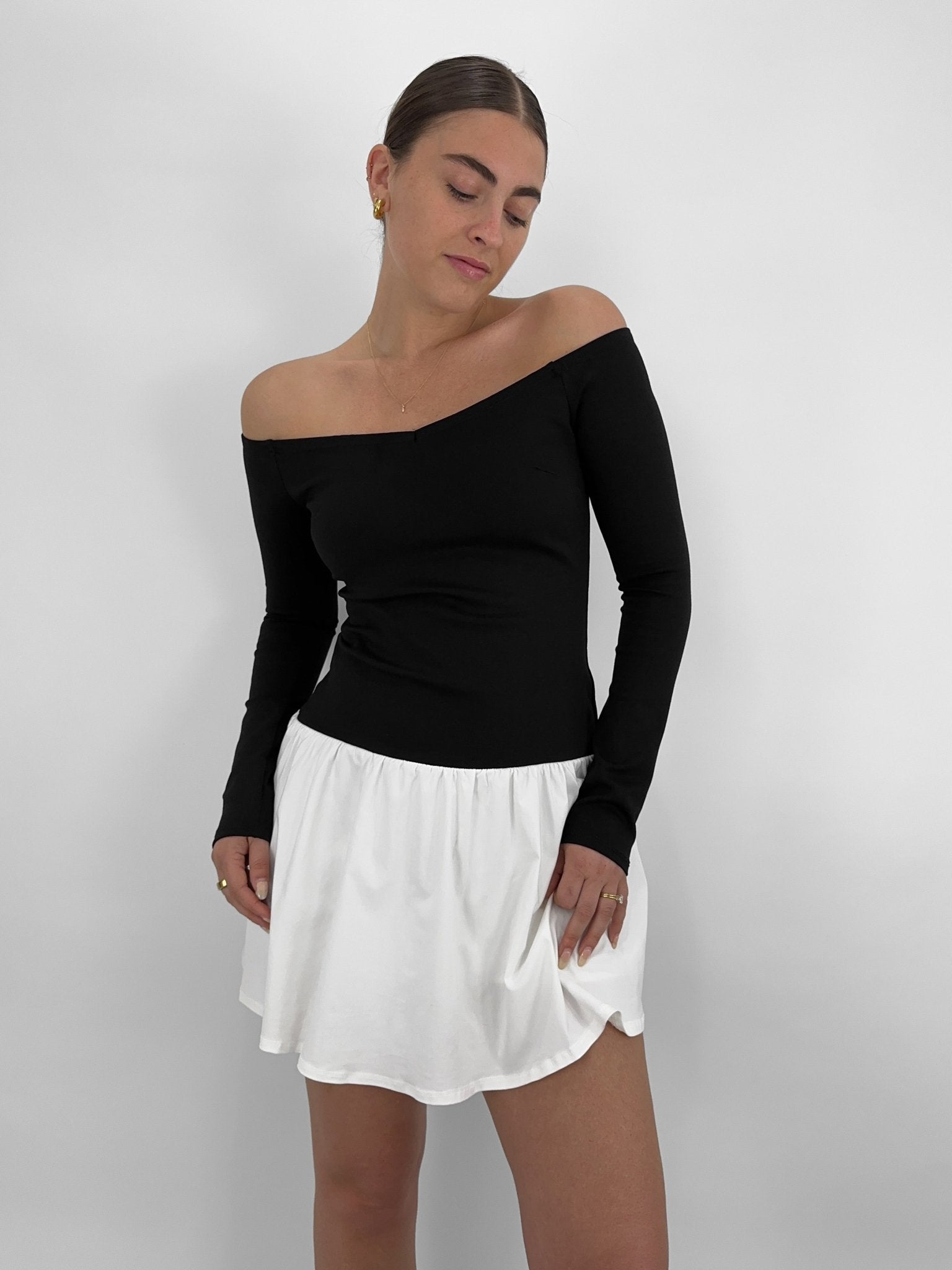 Contrast Drop Waist Off The Shoulder Dress - Vamp Official