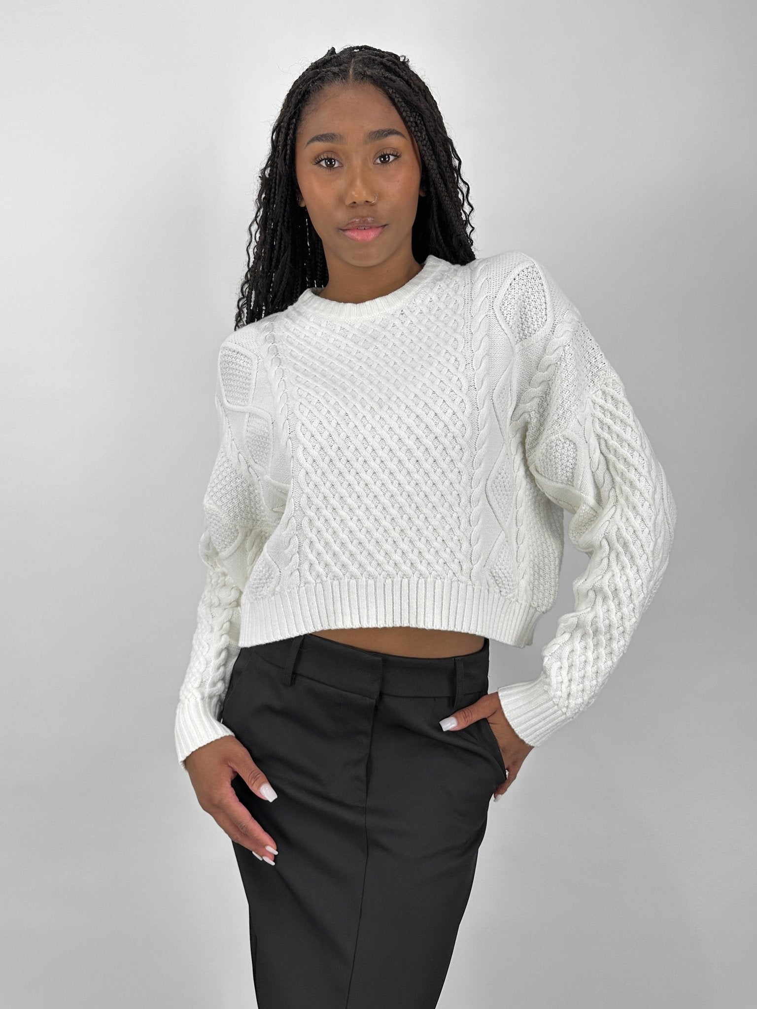 Cropped Cable Knit Crewneck Sweater - Vamp Official