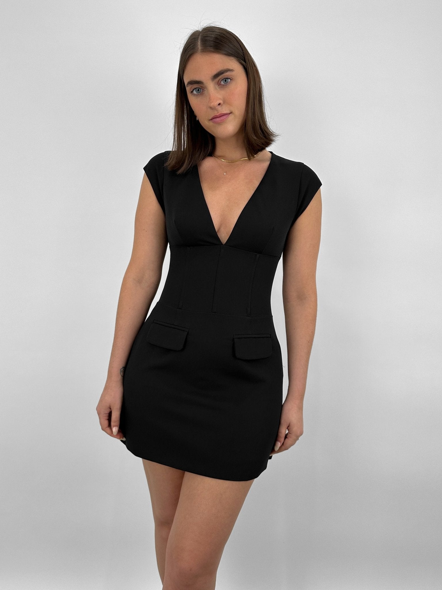 Deep V Cap Sleeve Structured Mini Dress - Vamp Official