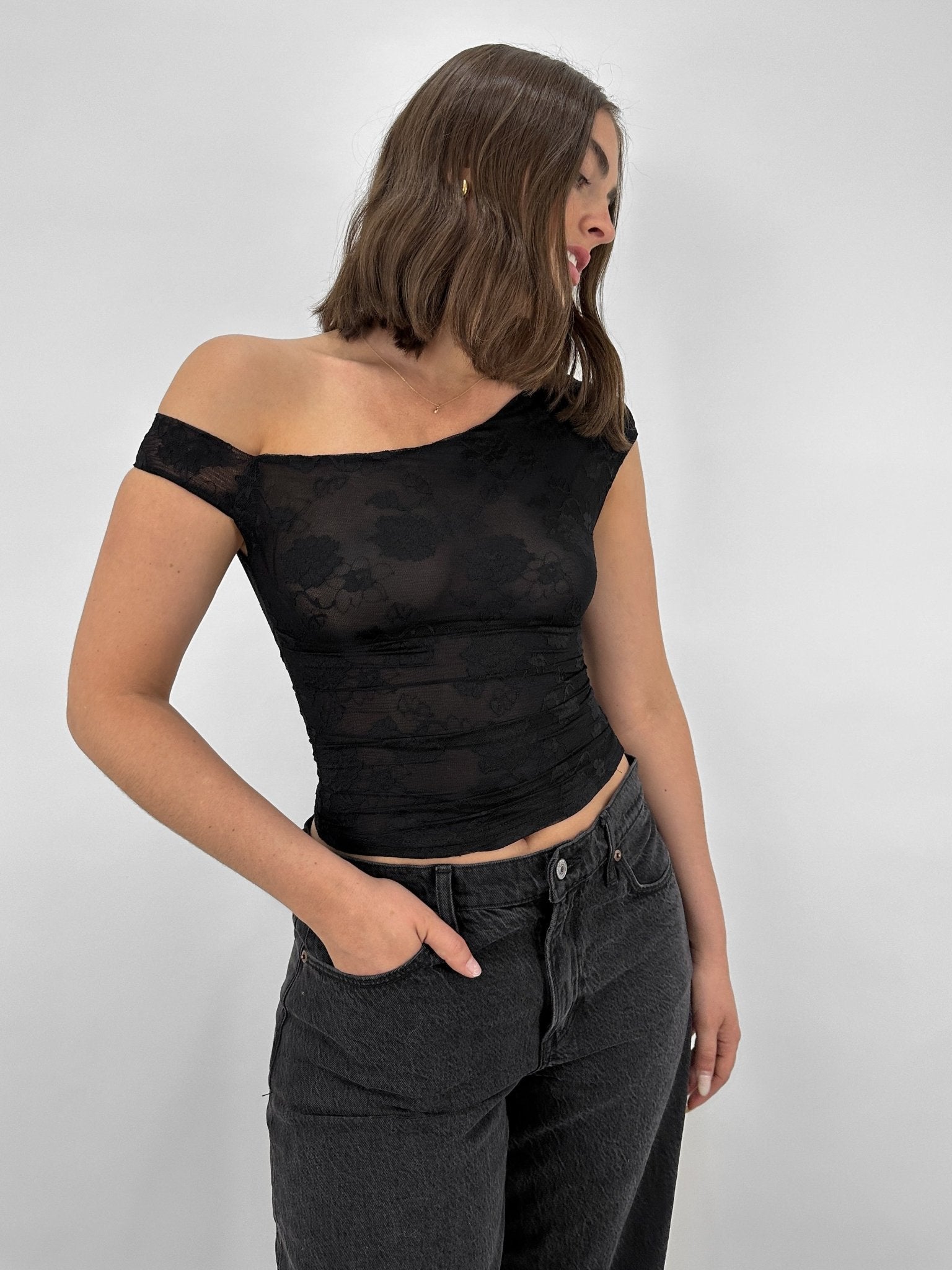 Floral Lace Asymmetrical Off The Shoulder Ruched Top - Vamp Official