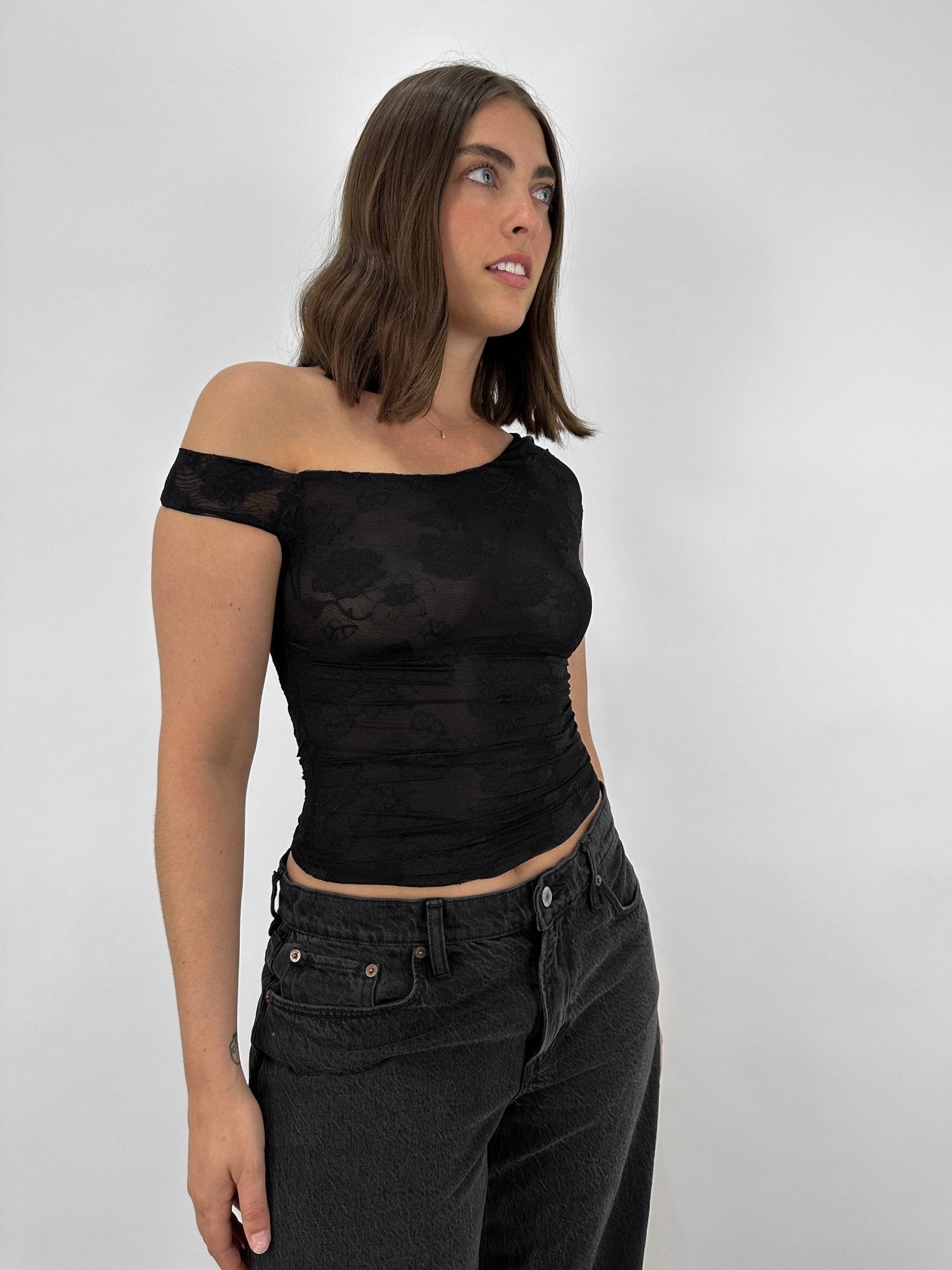 Floral Lace Asymmetrical Off The Shoulder Ruched Top - Vamp Official