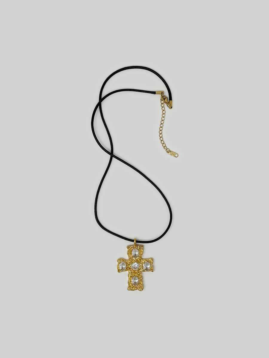 Gemstone Cross Leather Rope Necklace - Vamp Official