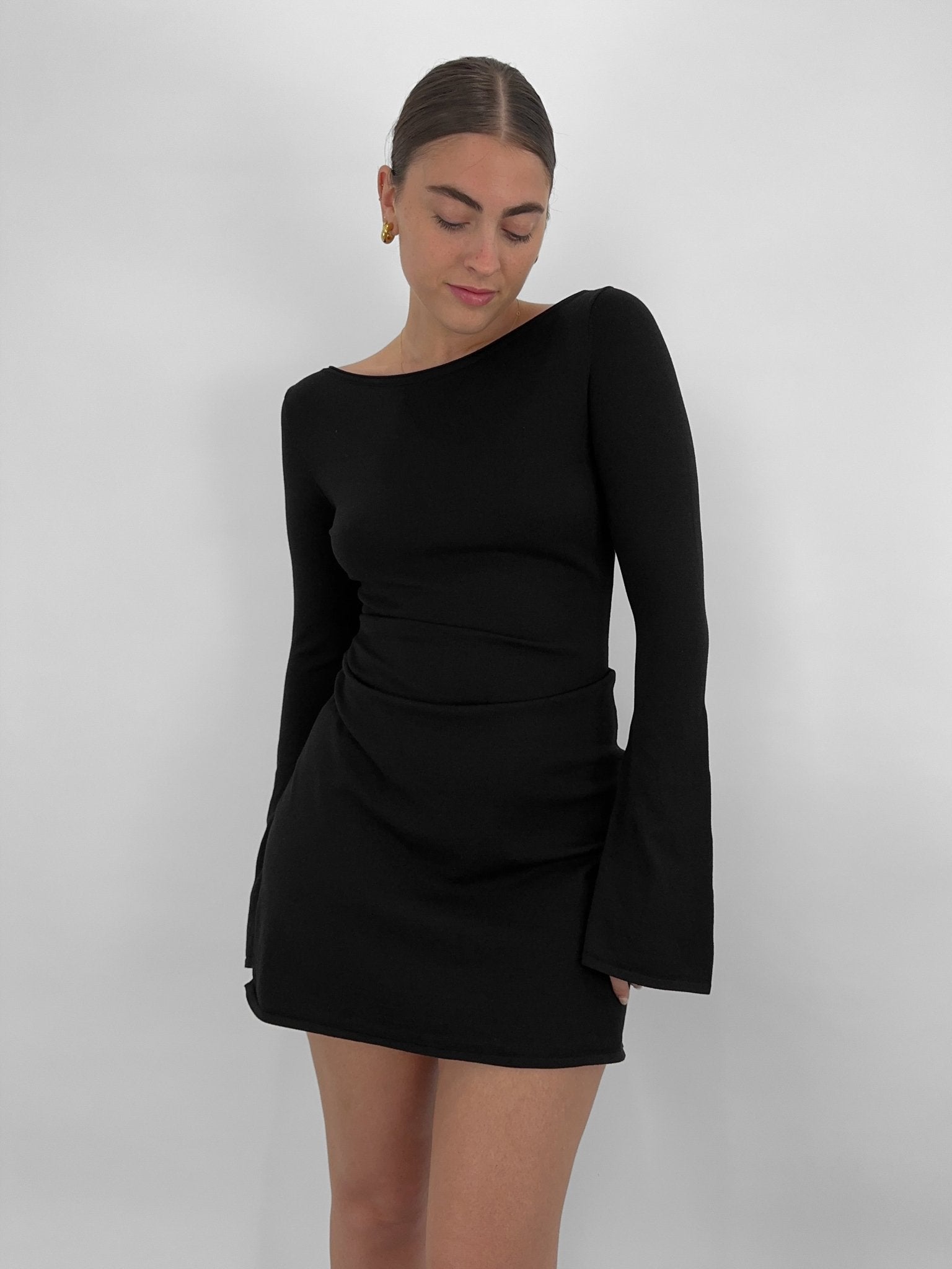 Knit Boat Neck Bell Sleeve Dress - Vamp Official