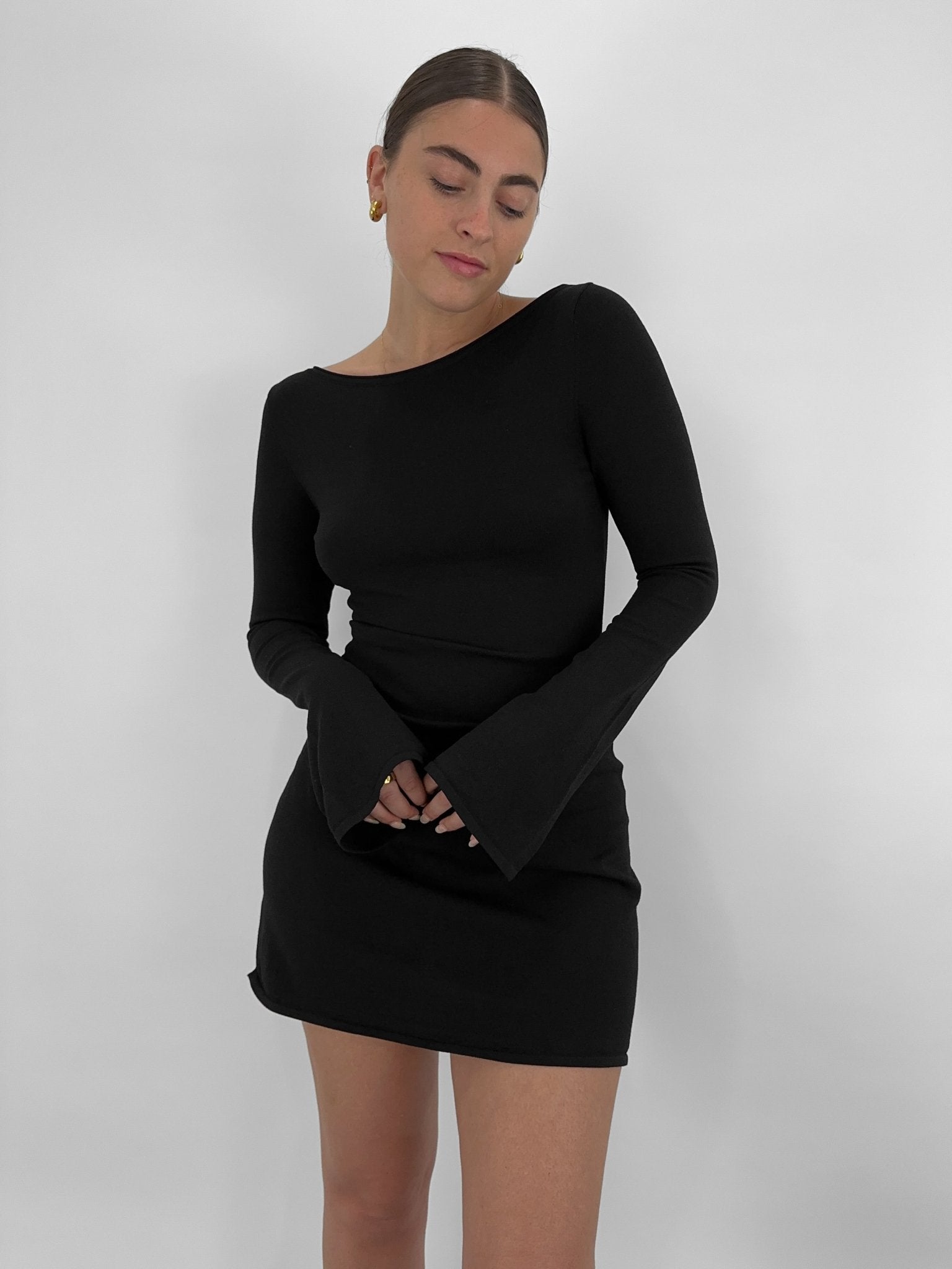 Knit Boat Neck Bell Sleeve Dress - Vamp Official