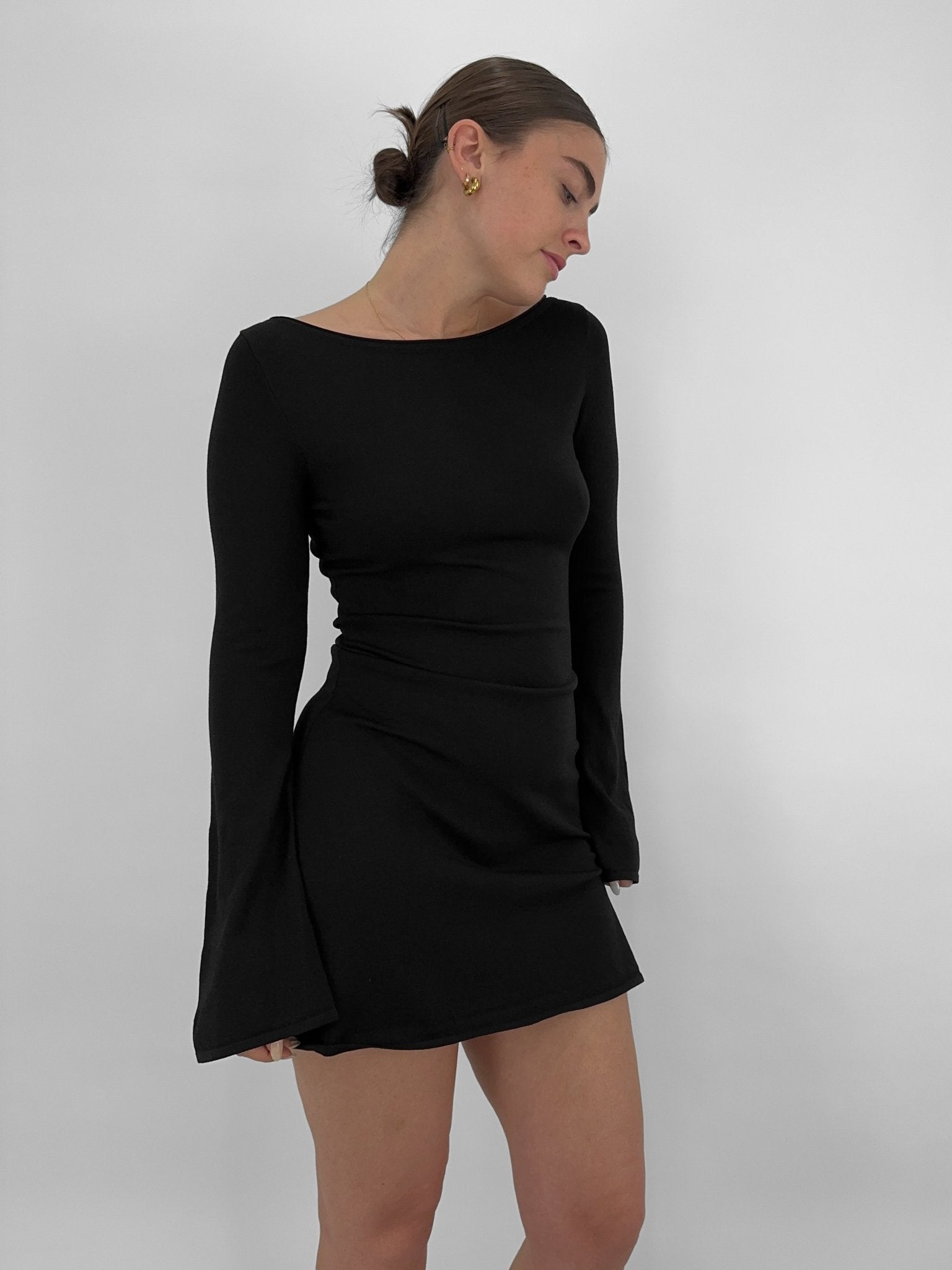 Knit Boat Neck Bell Sleeve Dress - Vamp Official