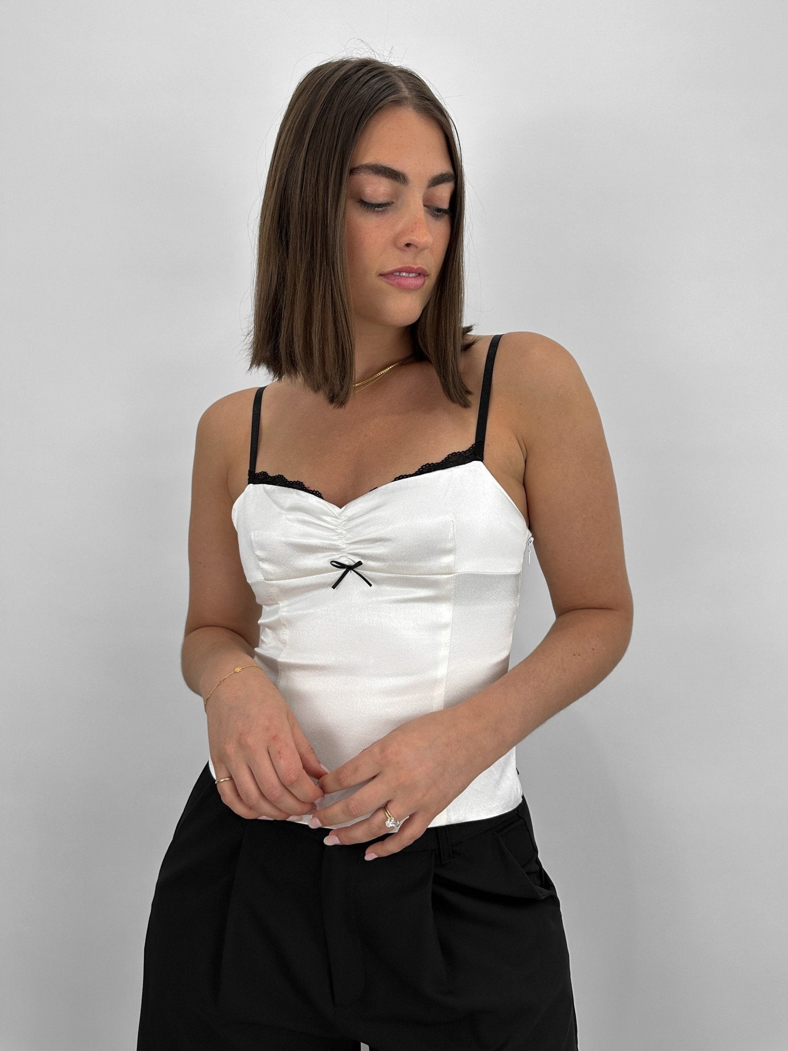 Lace Detail Contrast Satin Tank - Vamp Official
