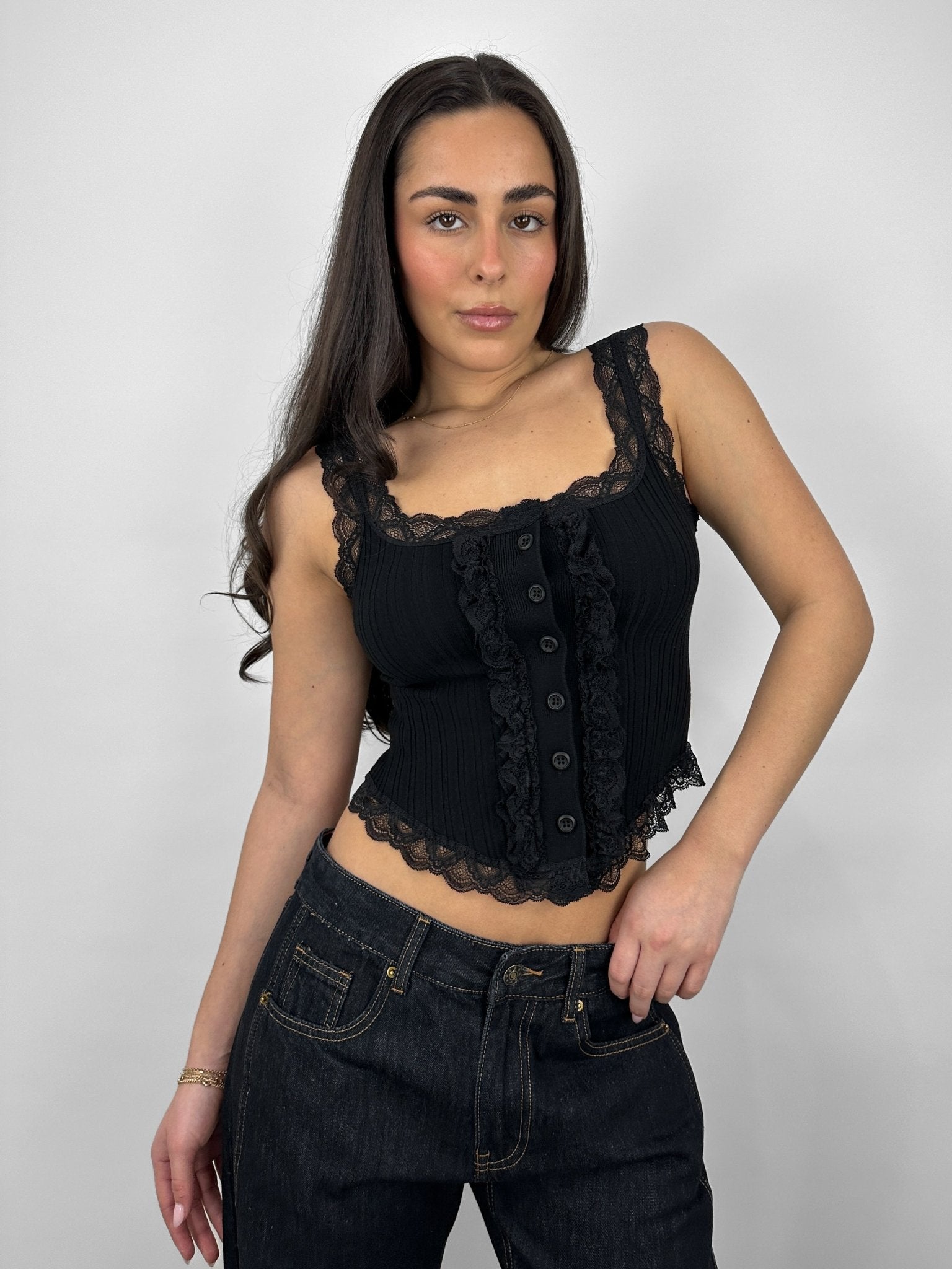 Lace Trim Button Down Ribbed Tank - Vamp Official