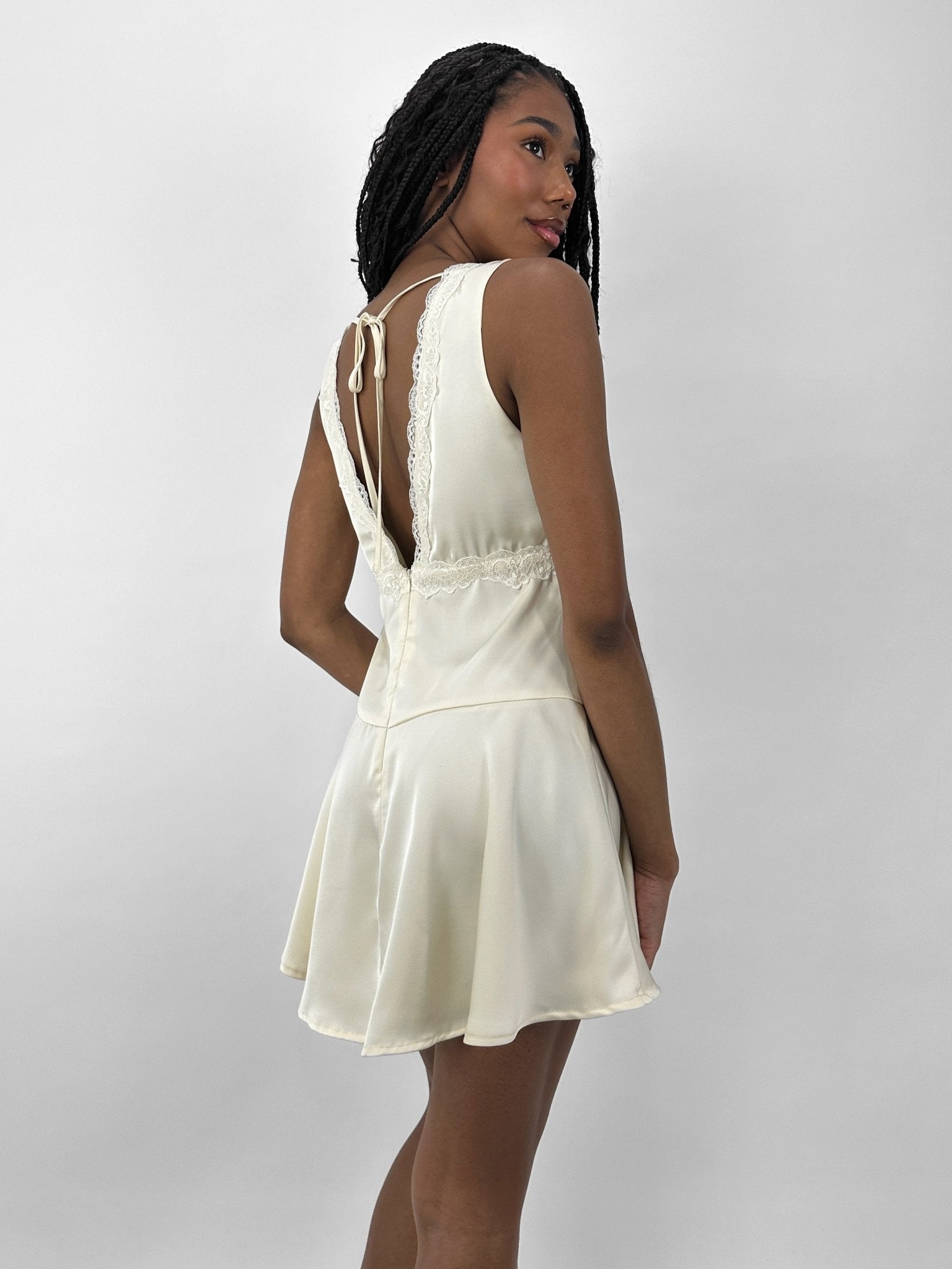 Lace Trim Satin Mini Dress - Vamp Official