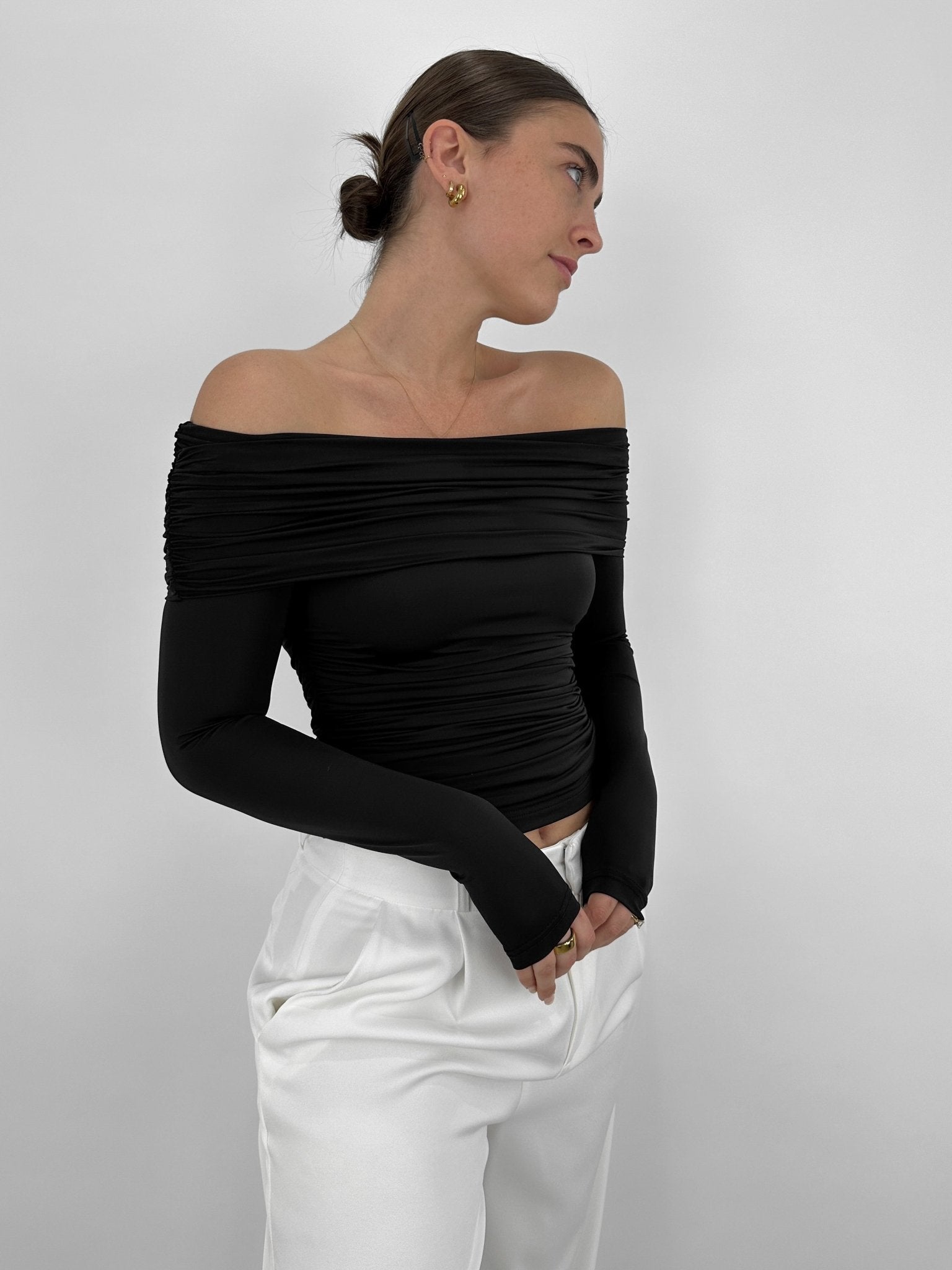 Off The Shoulder Long Sleeve Ruched Top - Vamp Official