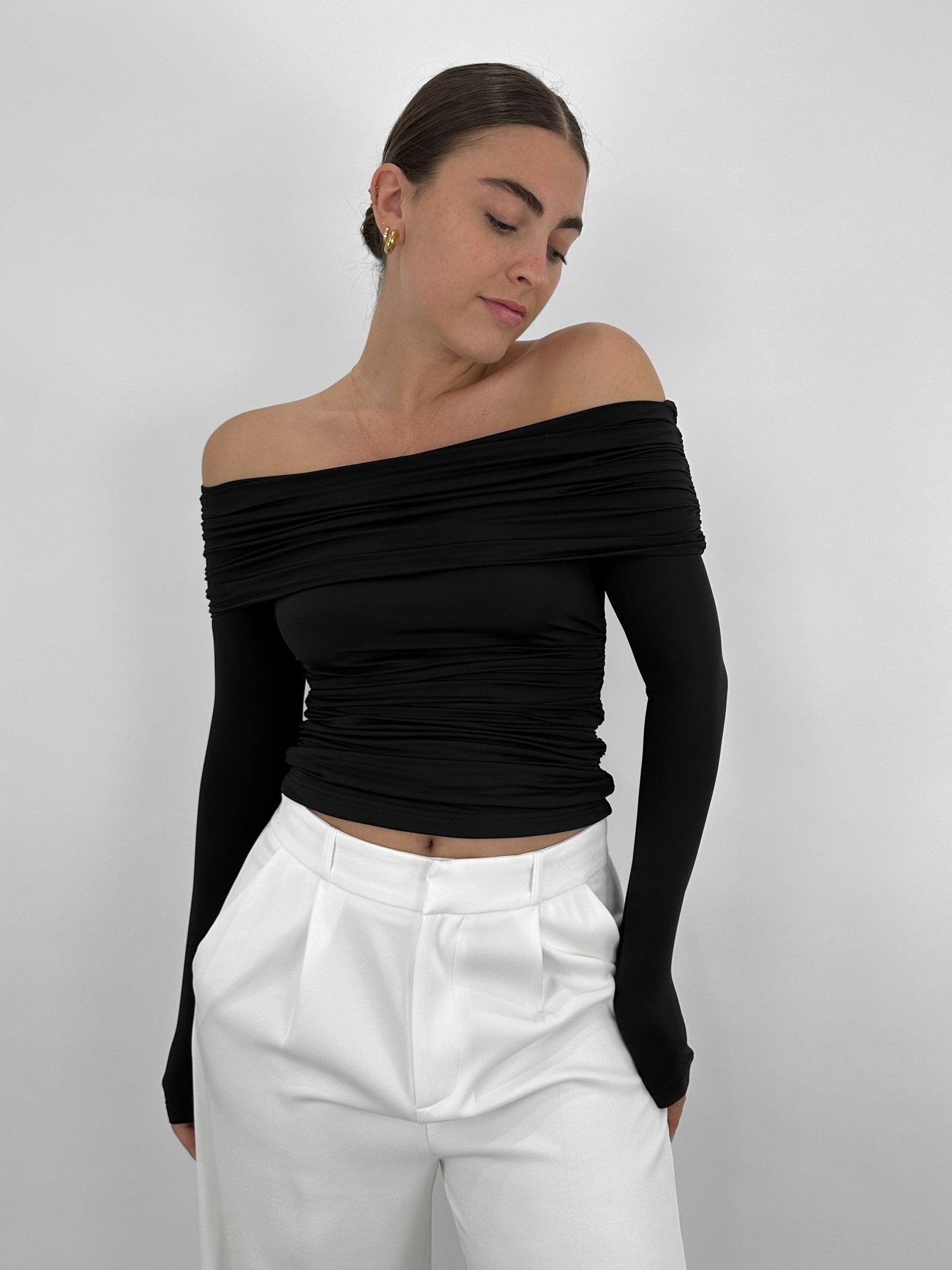 Off The Shoulder Long Sleeve Ruched Top - Vamp Official