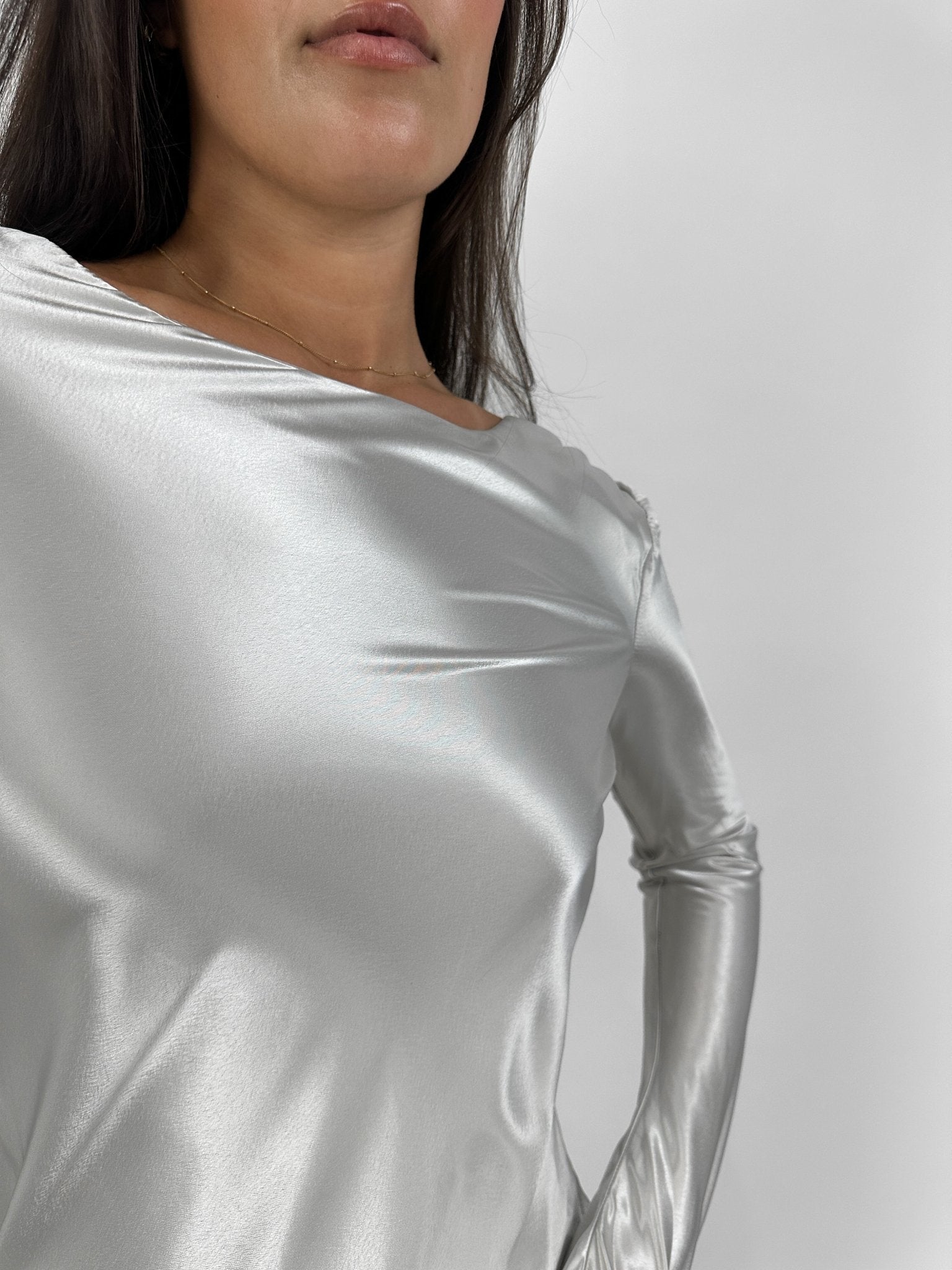 Open Back Metallic Long Sleeve Dress - Vamp Official