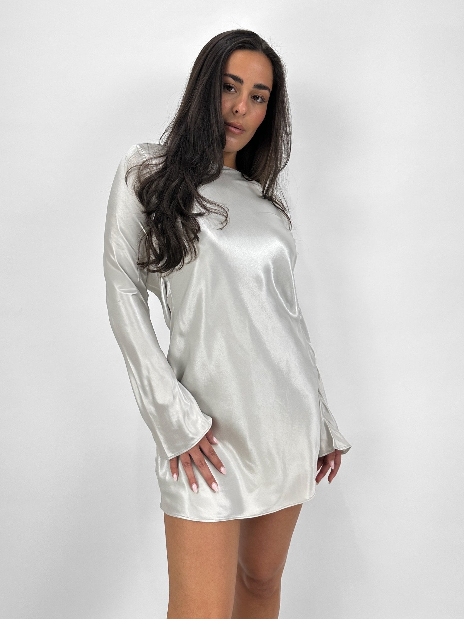 Open Back Metallic Long Sleeve Dress - Vamp Official