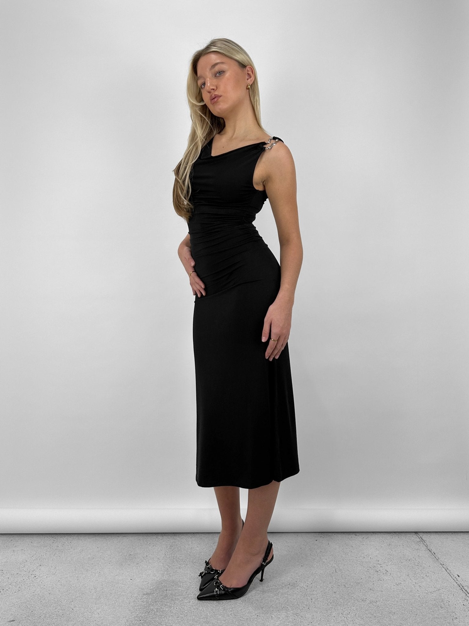 Organic Ring Hardware Cowl Neck Midi Dress - Vamp Official