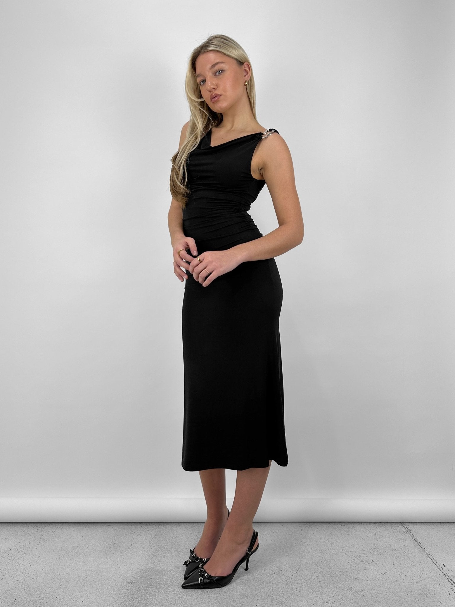 Organic Ring Hardware Cowl Neck Midi Dress - Vamp Official