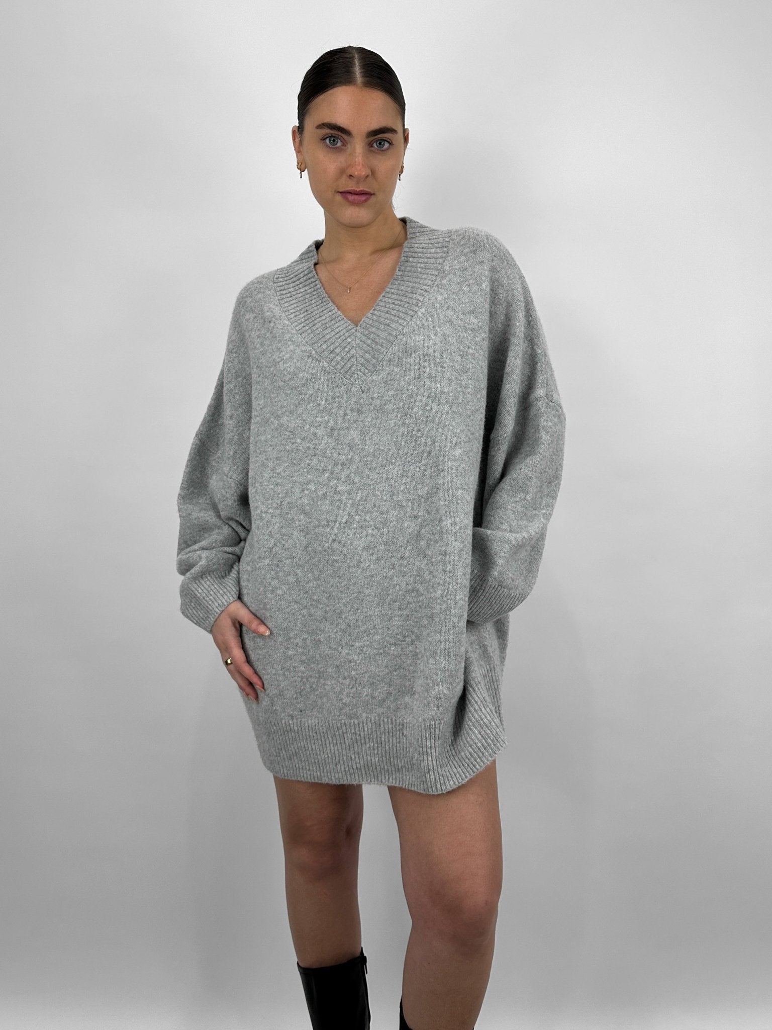 Oversized V Neck Knit Sweater Dress - Vamp Official