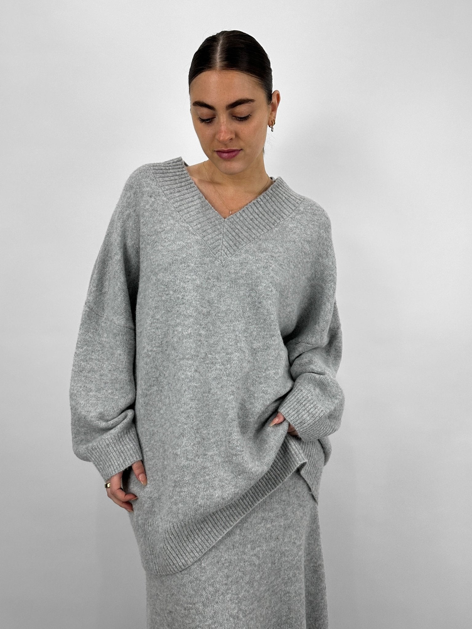 Oversized V Neck Knit Sweater Dress - Vamp Official