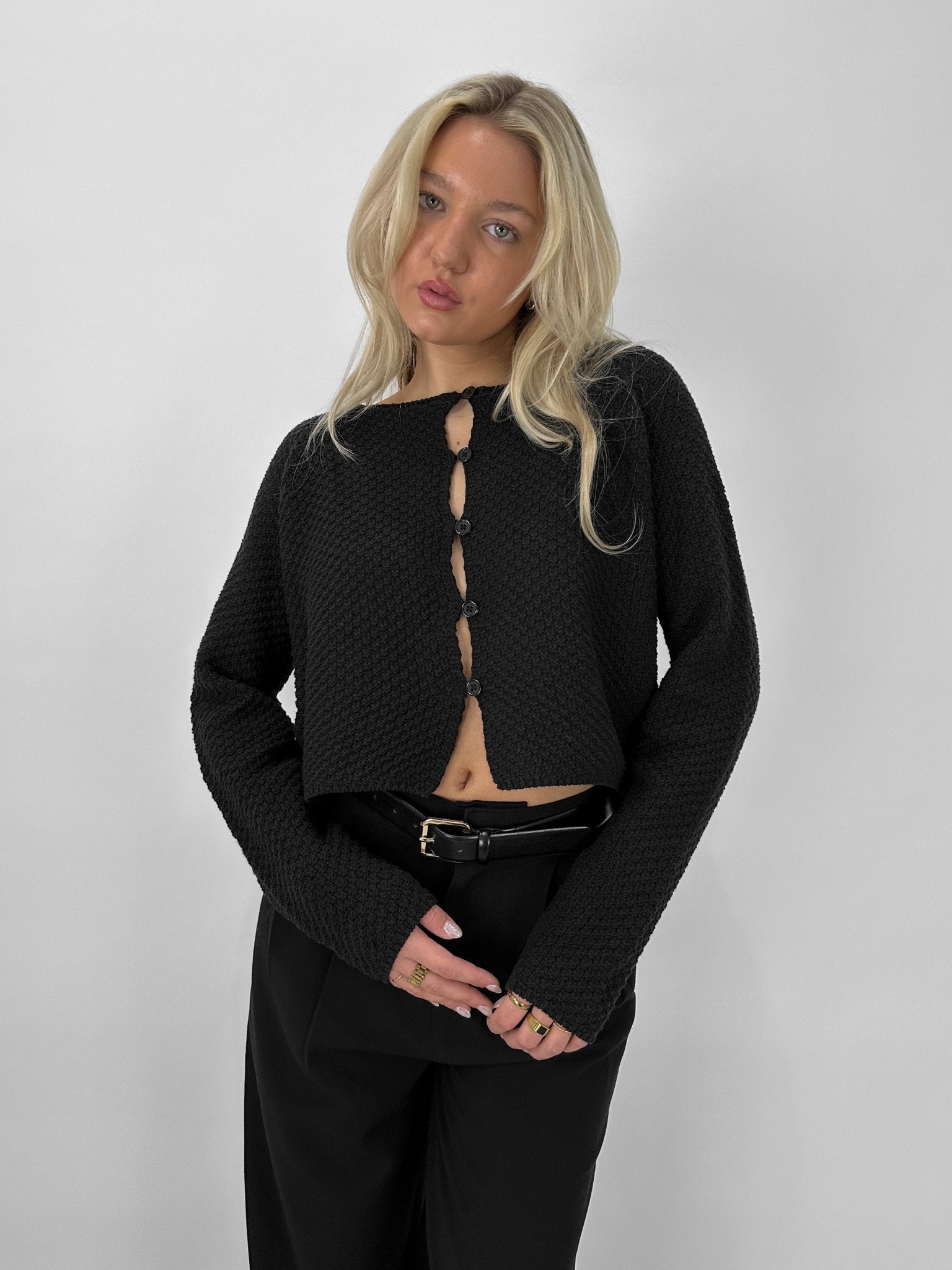 Peep Button Textured Knit Cardigan - Vamp Official