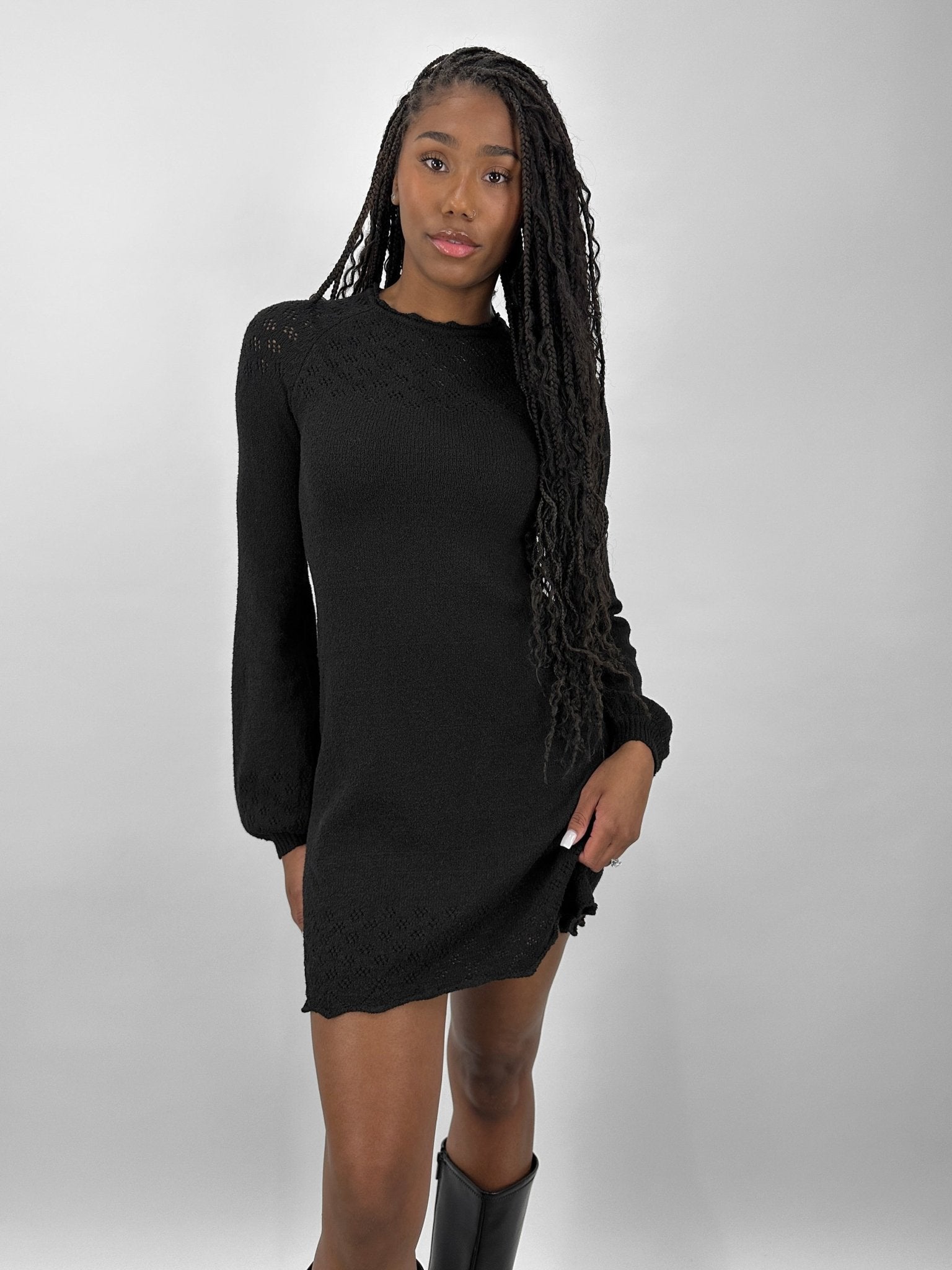 Pointelle Knit Long Sleeve Sweater Dress - Vamp Official