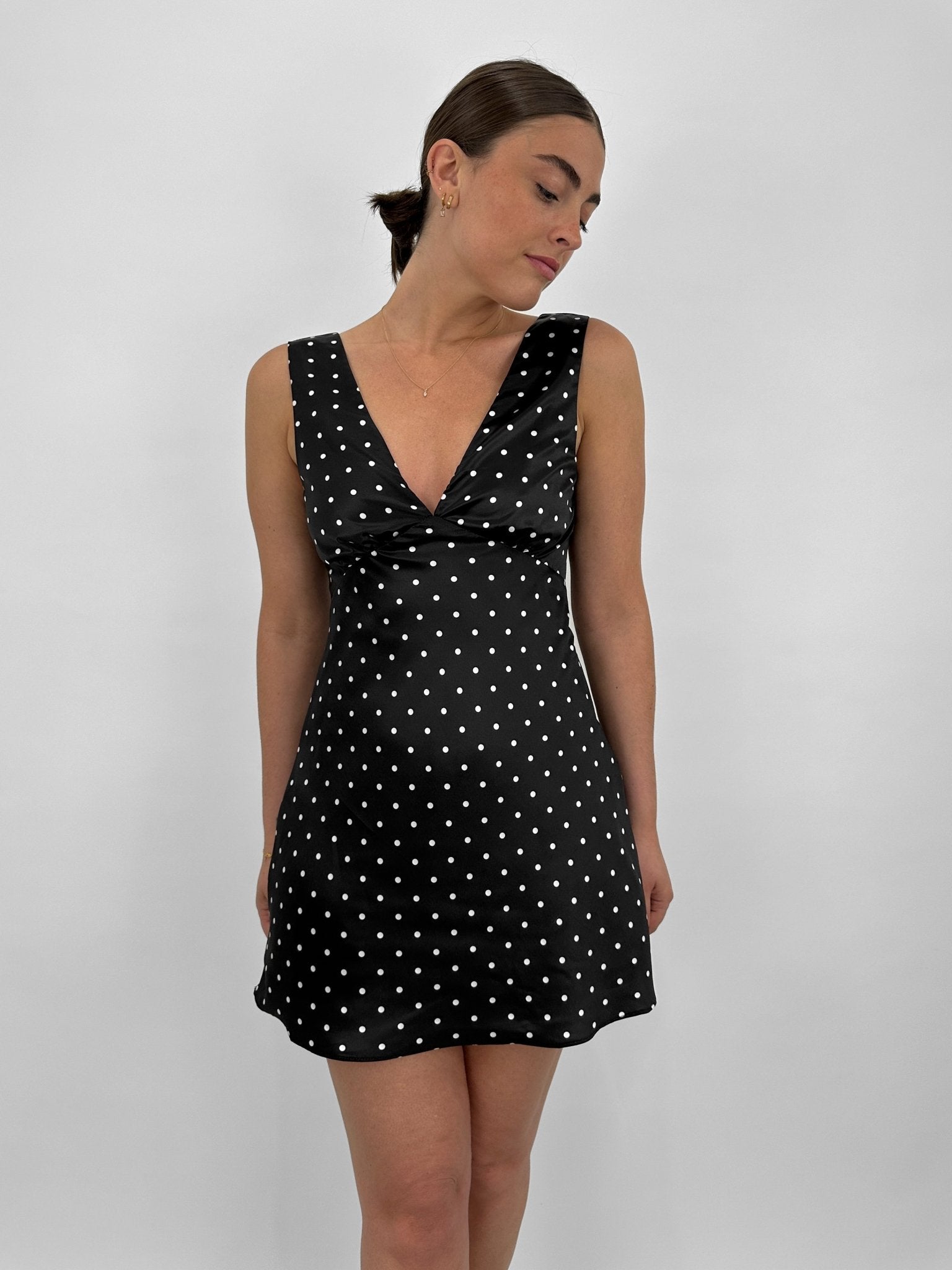 Polka Dot Satin Deep V Dress - Vamp Official