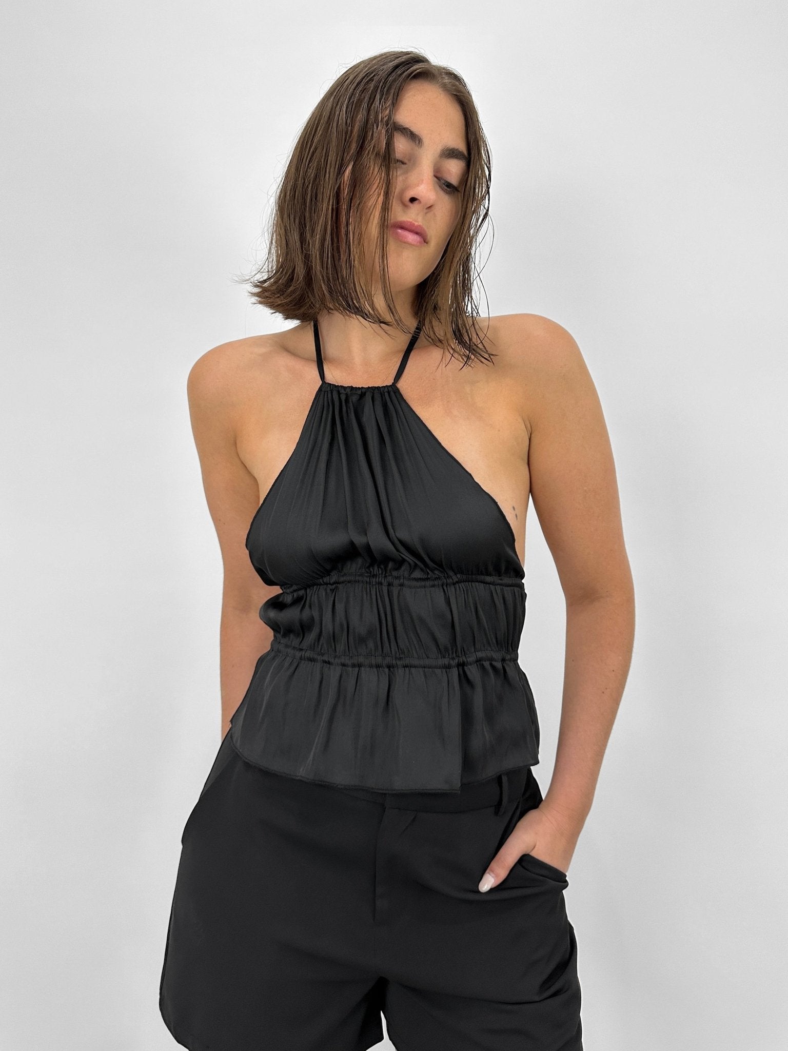 Ruched Open Back Satin Halter - Vamp Official