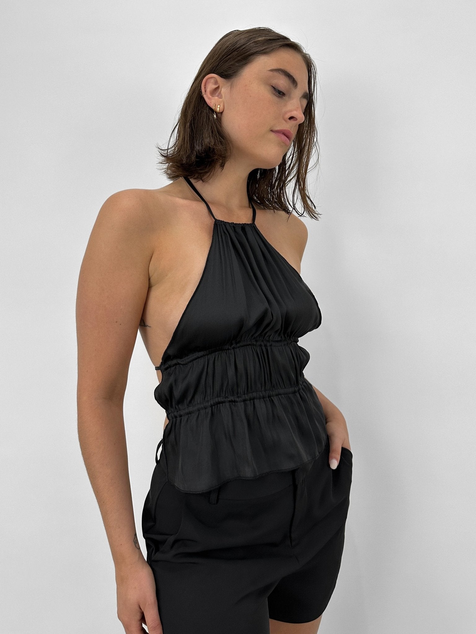 Ruched Open Back Satin Halter - Vamp Official