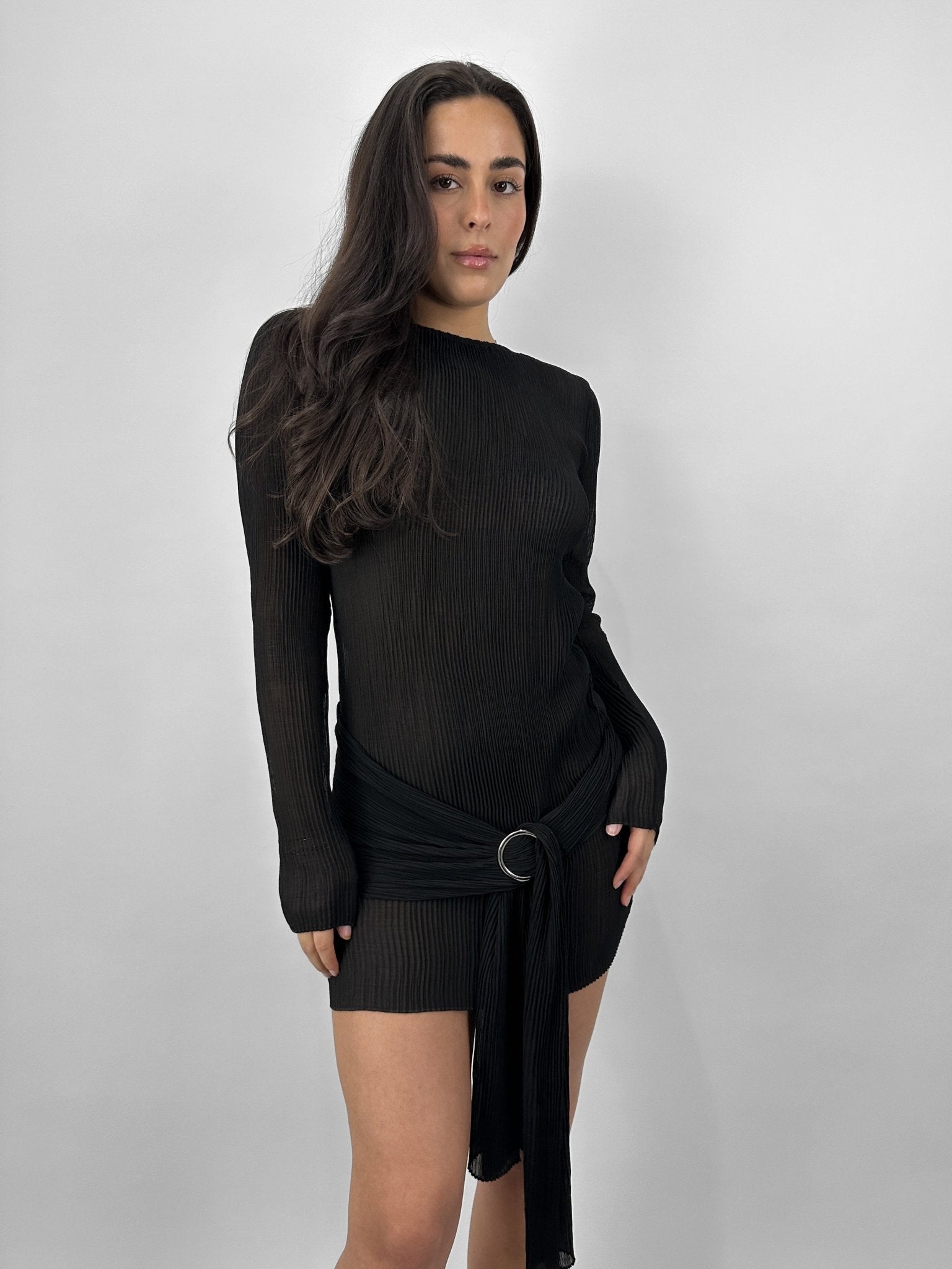 Sheer Plissé Belted Mini Dress - Vamp Official