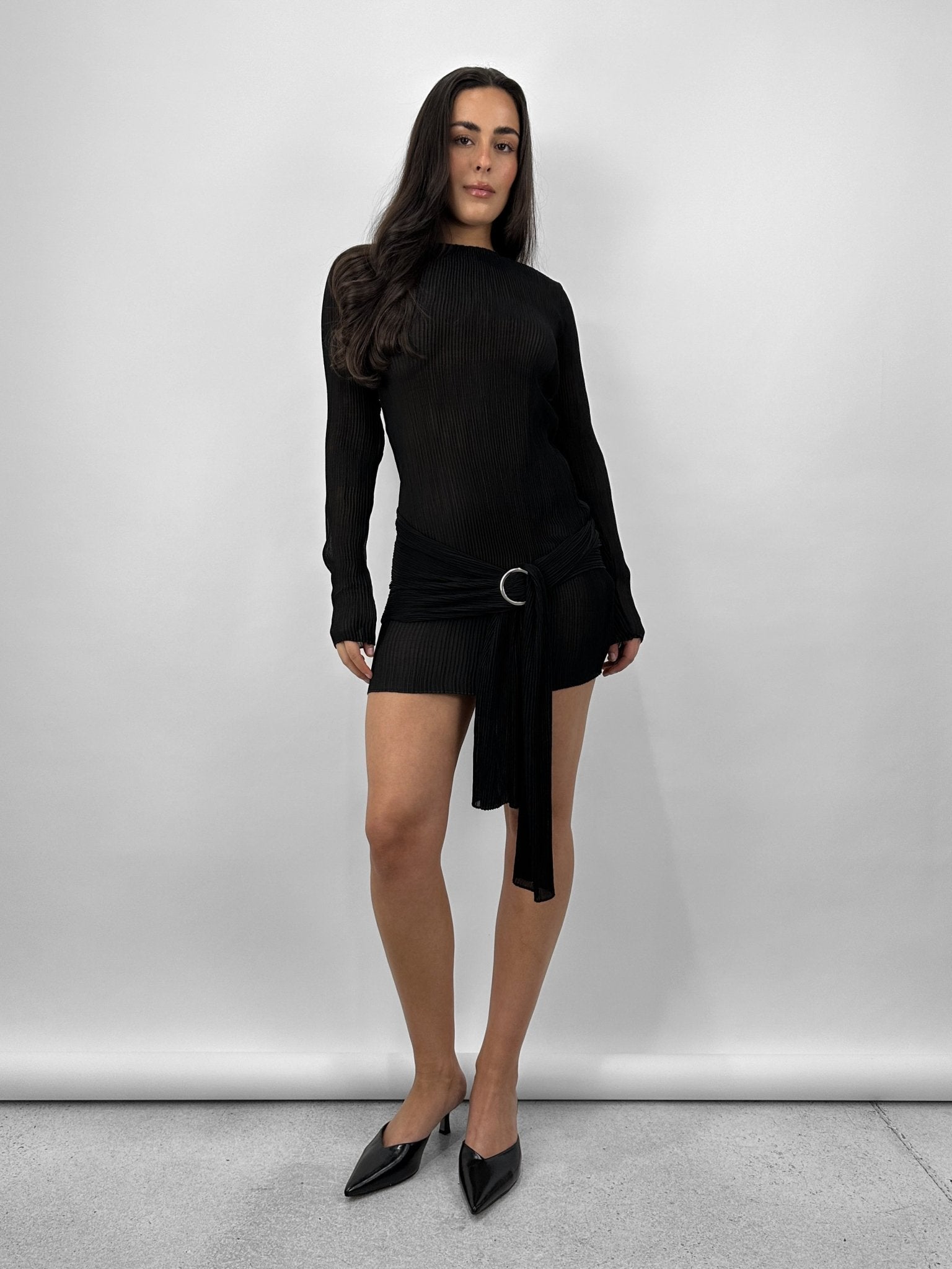 Sheer Plissé Belted Mini Dress - Vamp Official