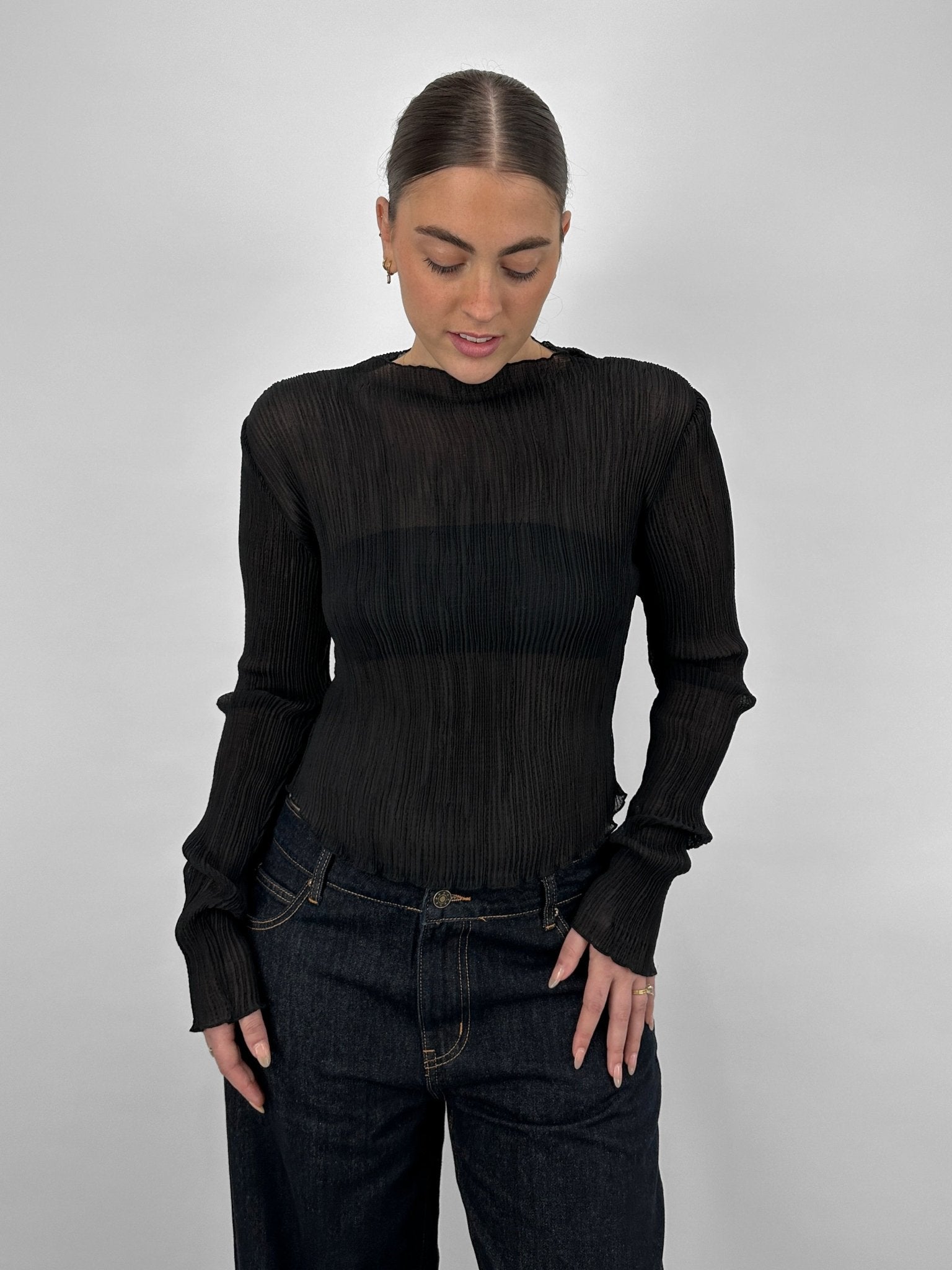 Sheer Plissé Long Sleeve Top - Vamp Official