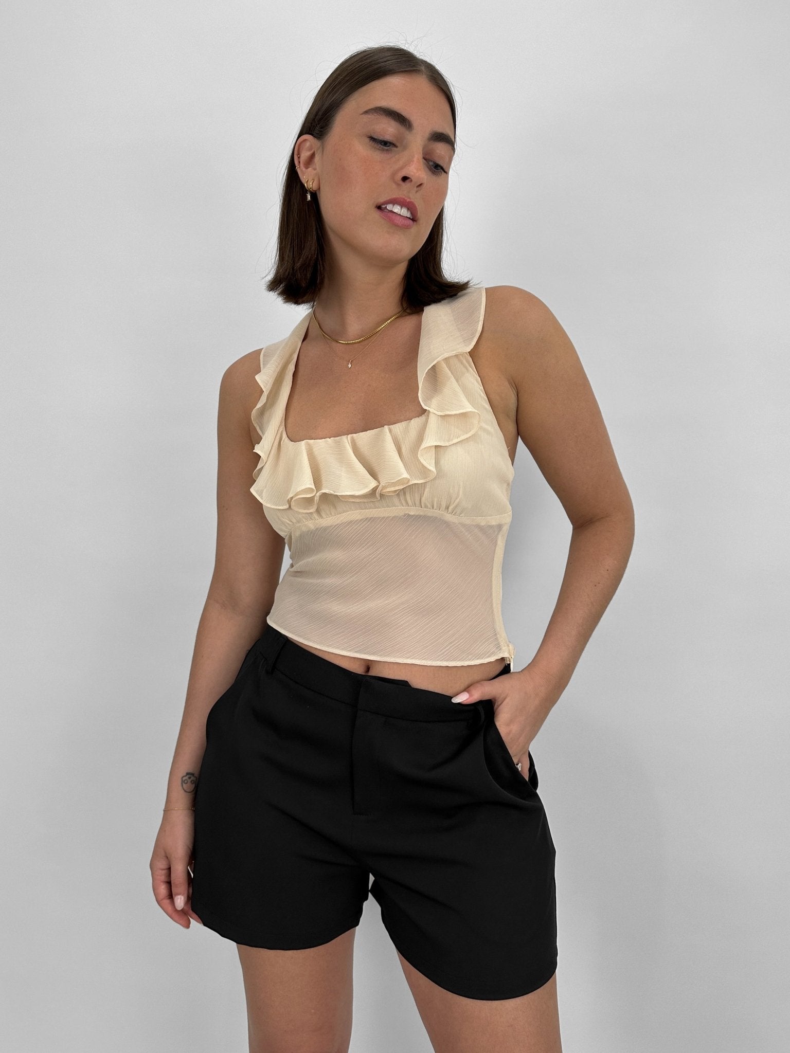 Sheer Ruffle Halter Top - Vamp Official