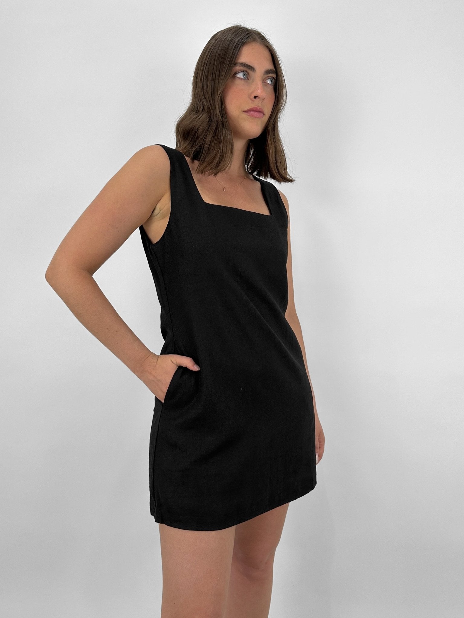 Square Neck Linen Mini Dress - Vamp Official