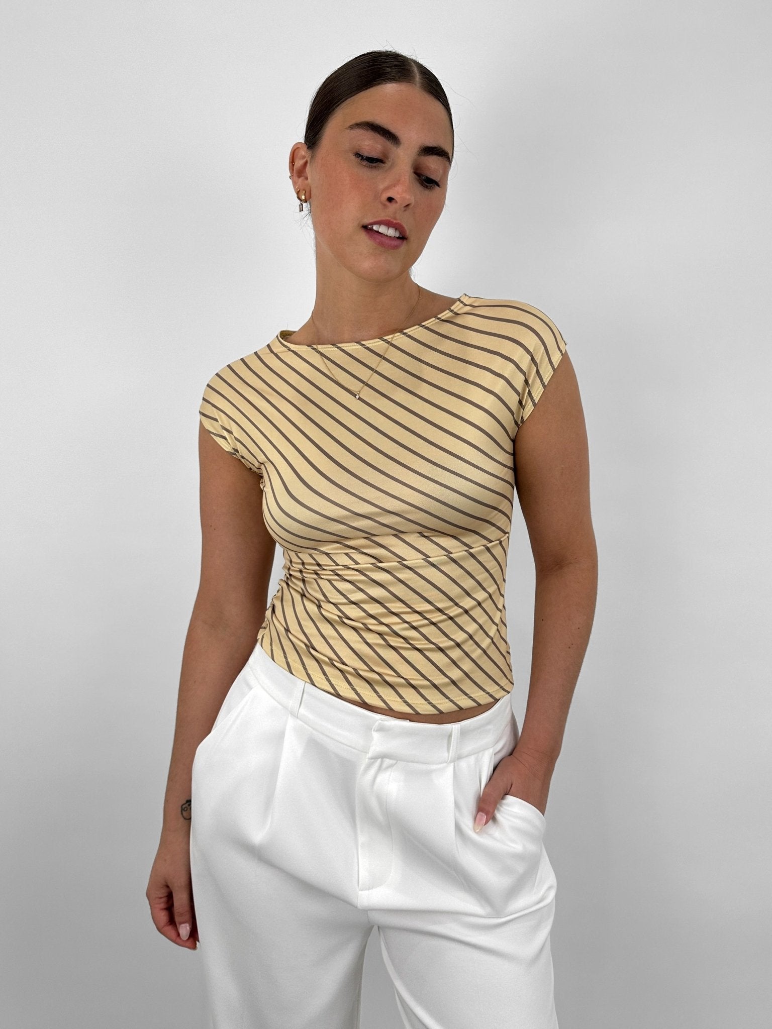 Striped Boat Neck Cap Sleeve Tee - Vamp Official