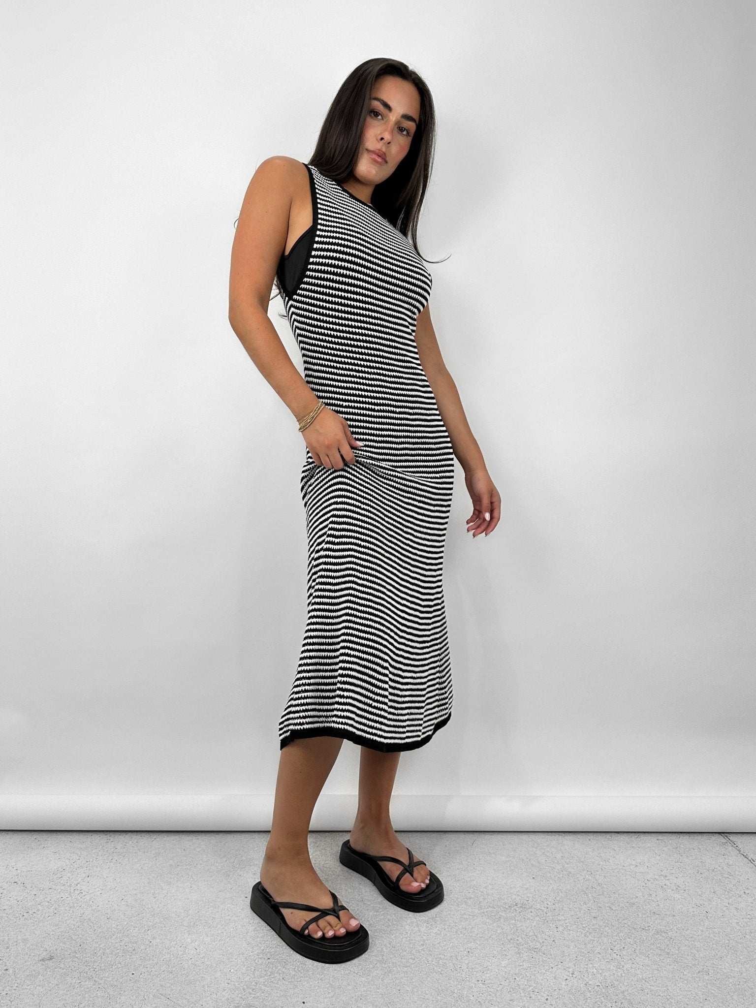 Striped Knit High Neck Midi Dress - Vamp Official