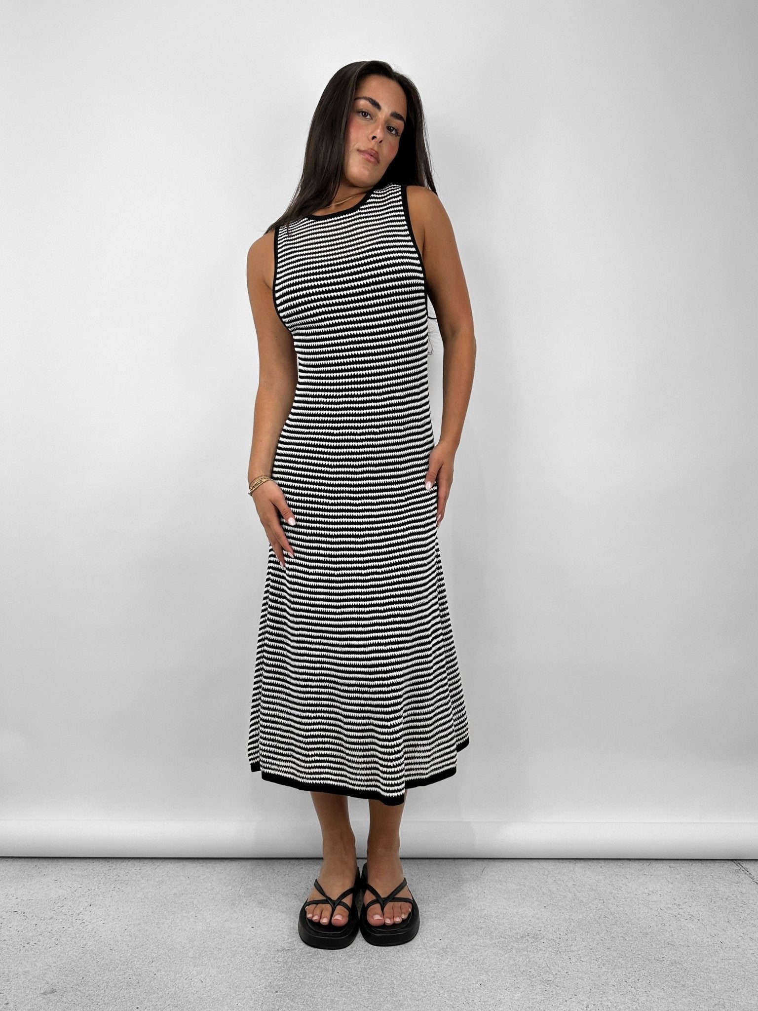 Striped Knit High Neck Midi Dress - Vamp Official