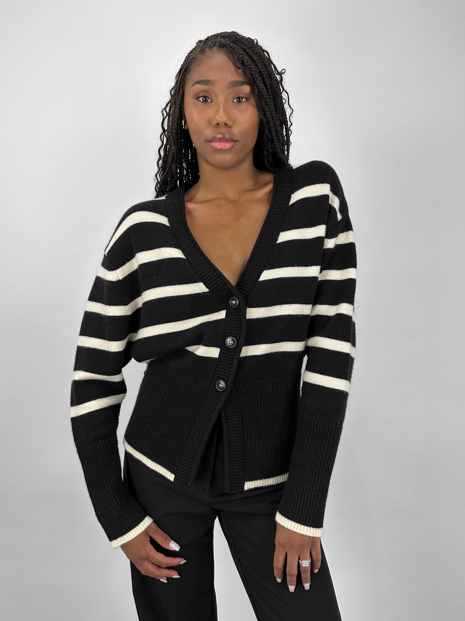 Striped V Neck Knit Cardigan - Vamp Official