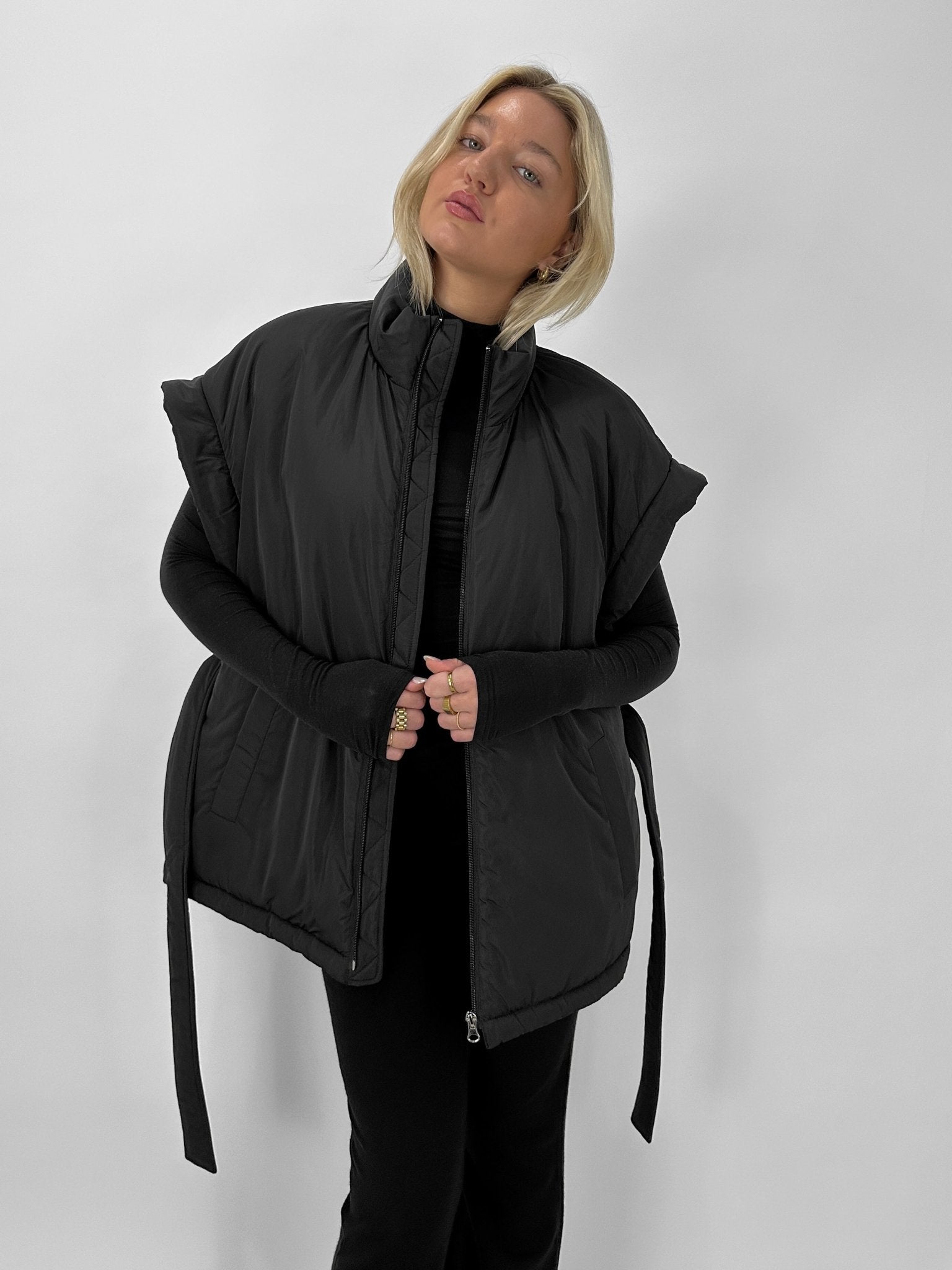 Tie Belt Oversized Puffer Vest - Vamp Official