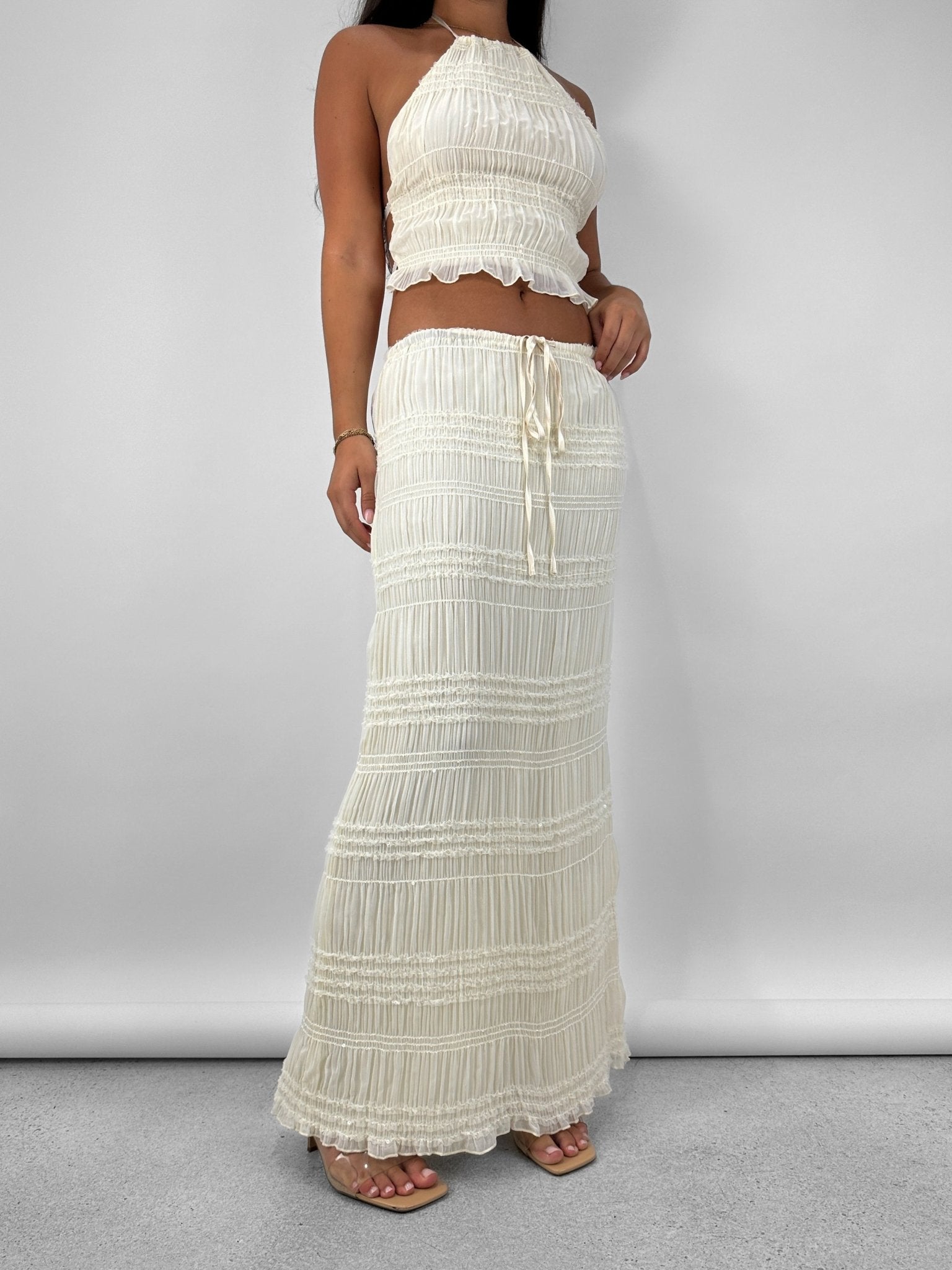 Tiered Ruched Sequin Midi Skirt - Vamp Official