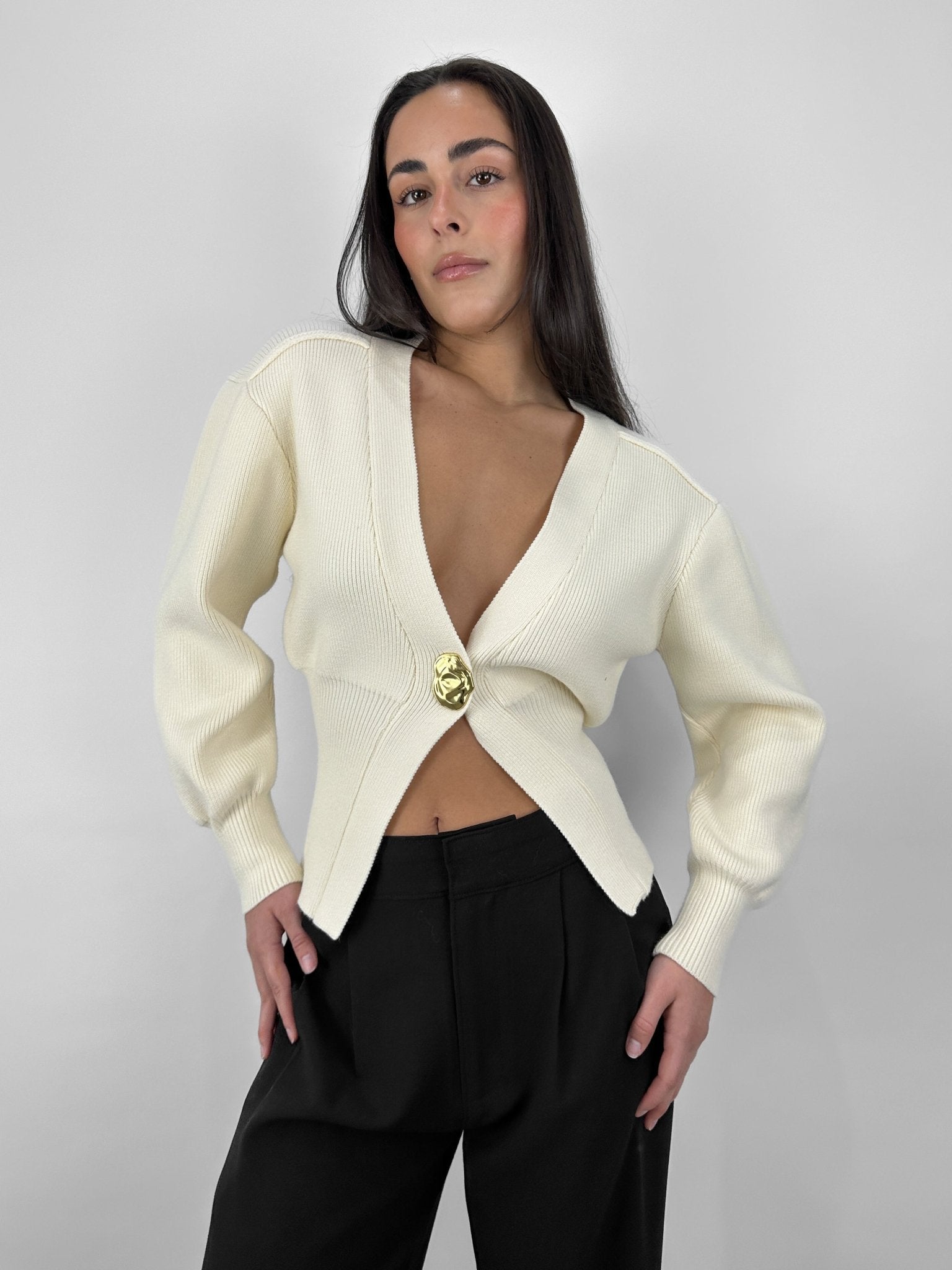 V Neck Organic Gold Button Cardigan - Vamp Official